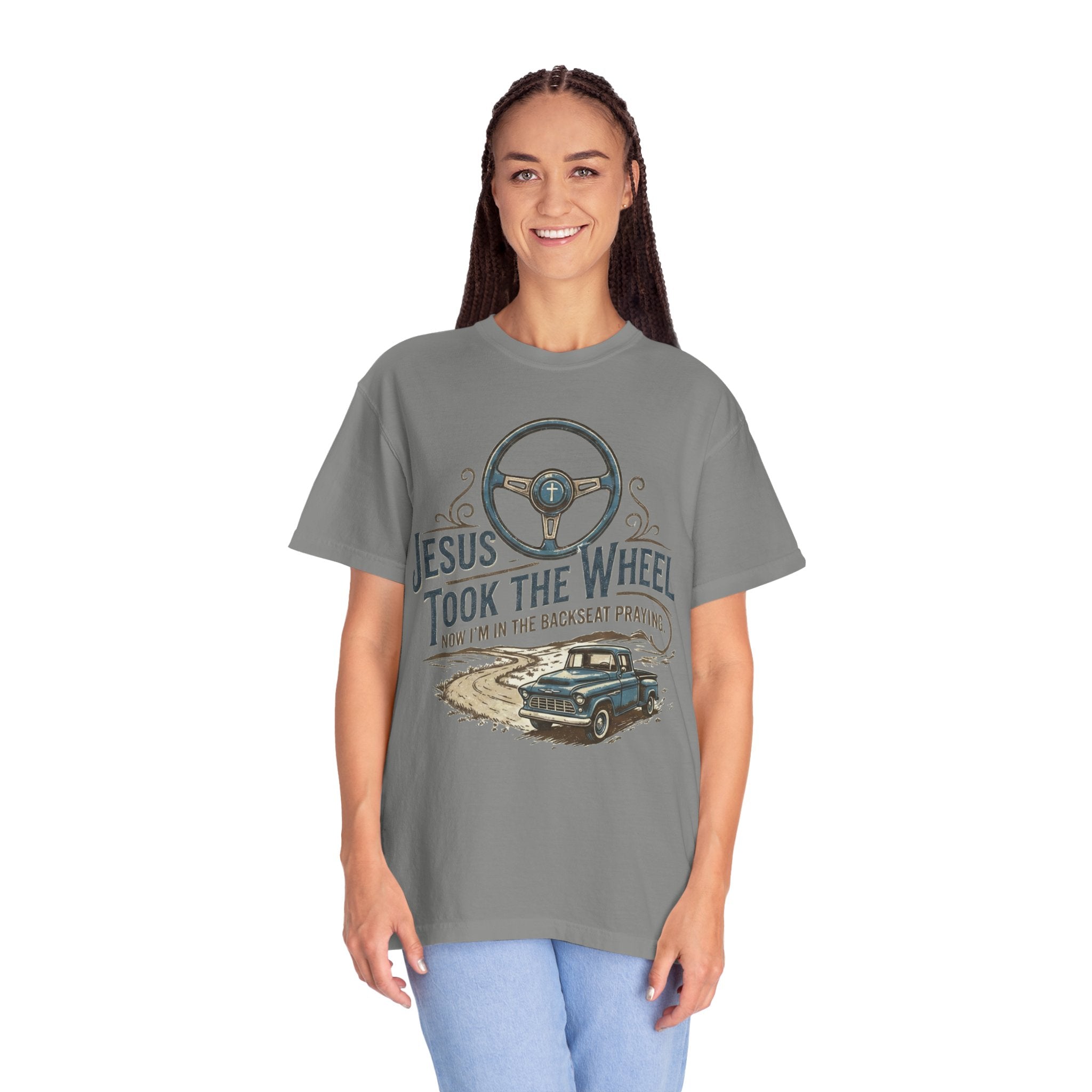 Jesus Took the Wheel steering wheel and vintage truck T-shirt | Christian faith shirt