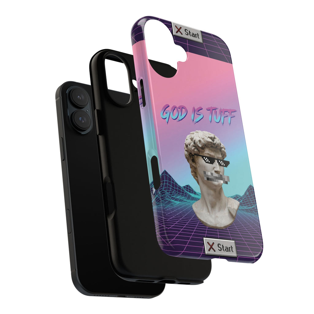 God is Tuff" Vaporwave Christian Phone Case | Aesthetic Statue with Pixel Shades, Retro 80s 90s Synthwave Grid, Gen Z Faith Gift