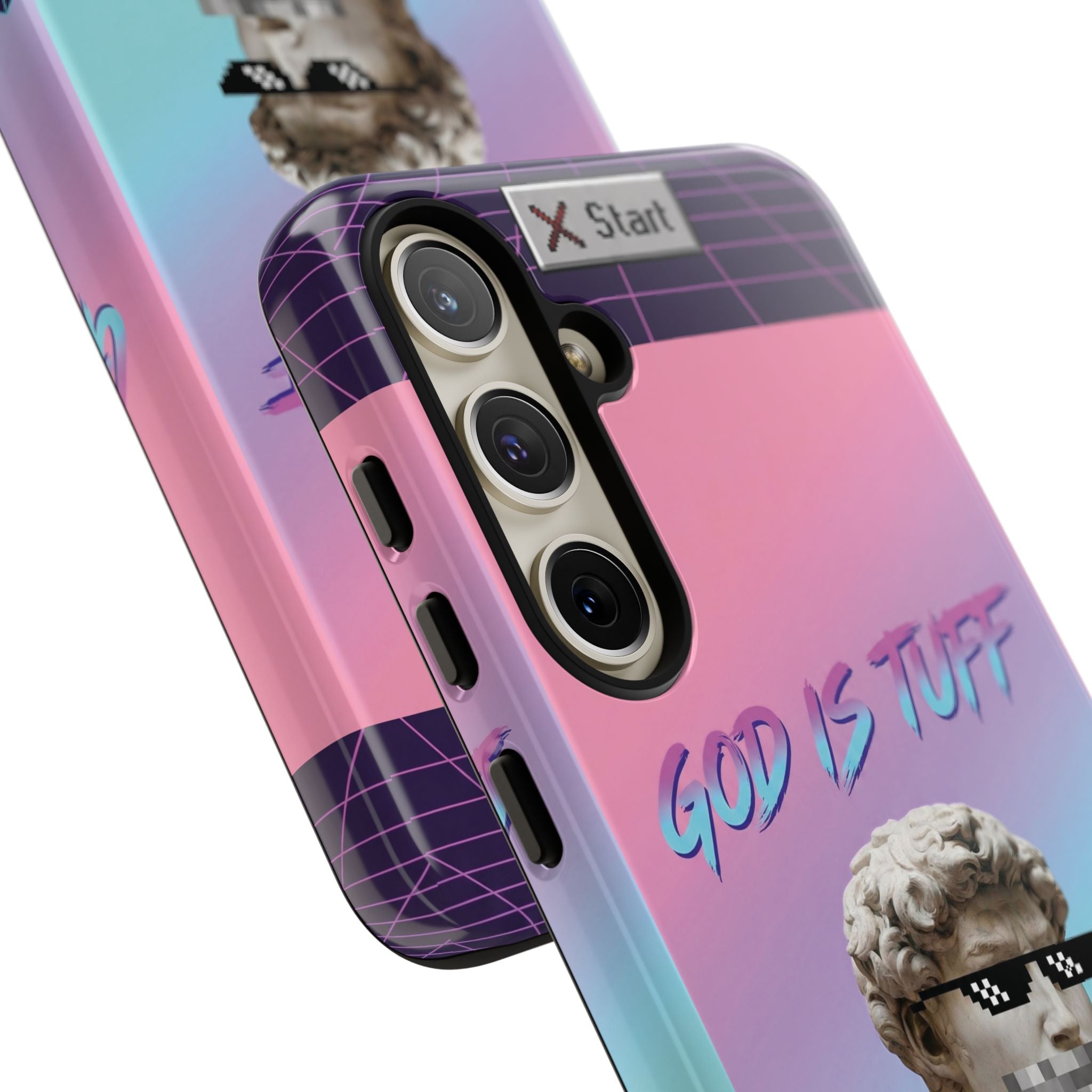 God is Tuff" Vaporwave Christian Phone Case | Aesthetic Statue with Pixel Shades, Retro 80s 90s Synthwave Grid, Gen Z Faith Gift