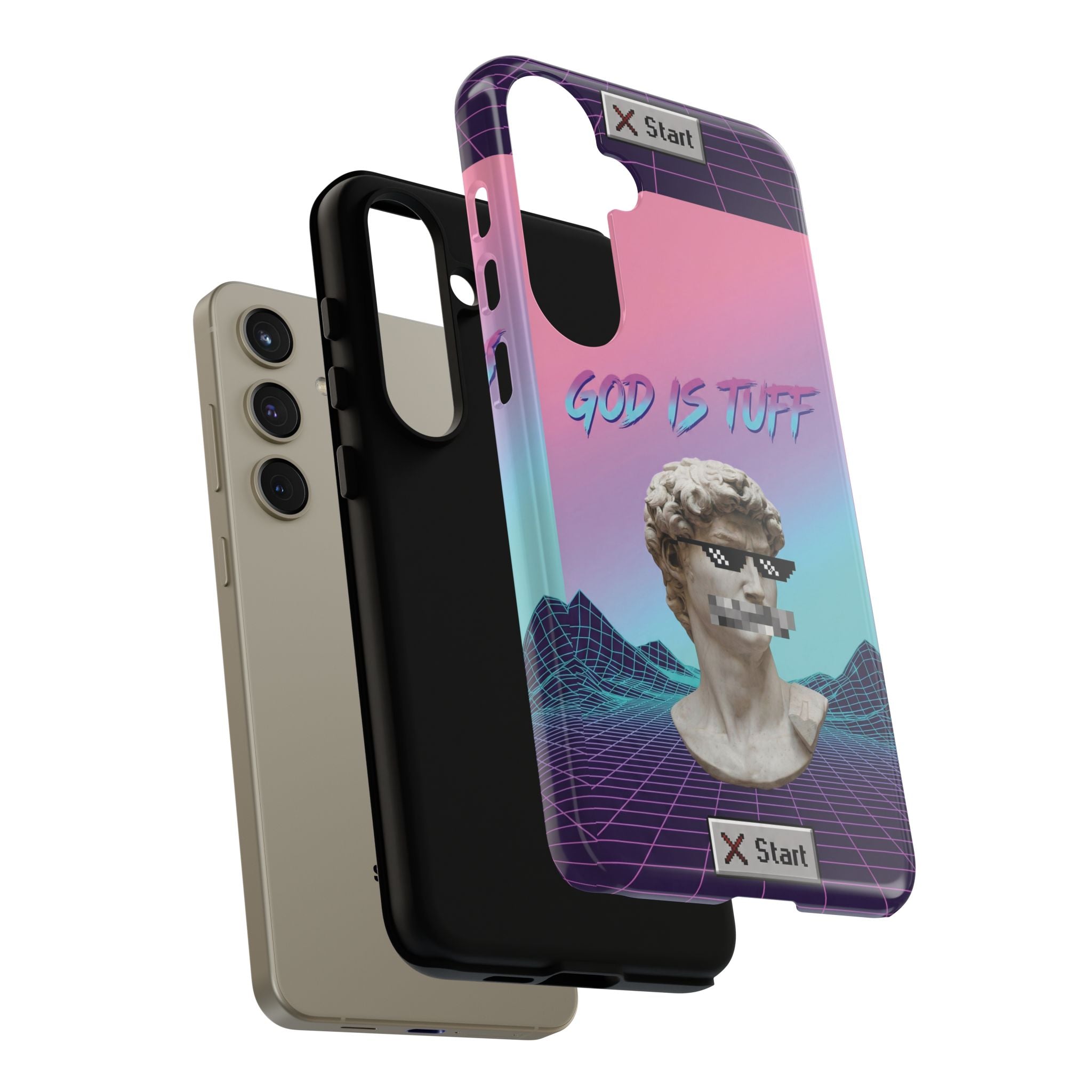God is Tuff" Vaporwave Christian Phone Case | Aesthetic Statue with Pixel Shades, Retro 80s 90s Synthwave Grid, Gen Z Faith Gift