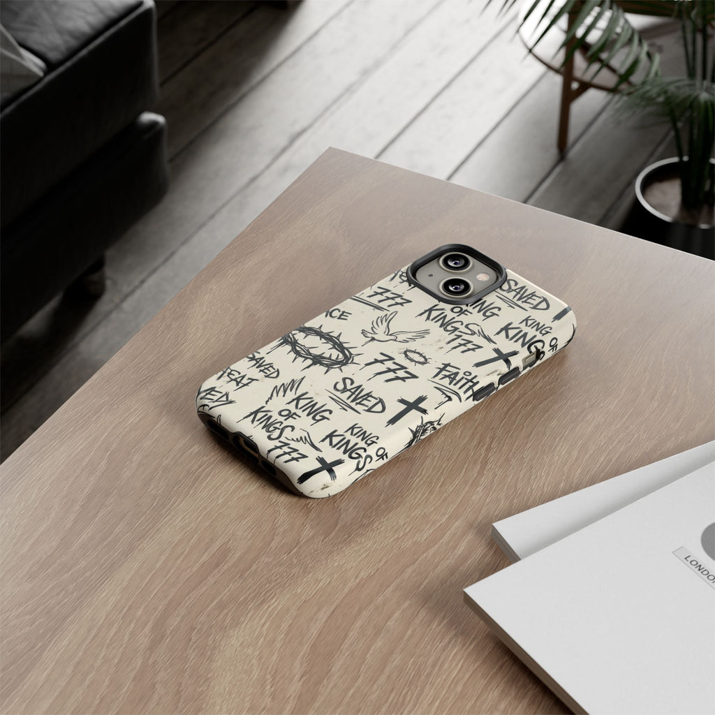 Christian Graffiti Phone Case | "Saved" & "King of Kings" Doodle Art, Urban Streetwear Faith Cover, Modern Religious Sketch Design