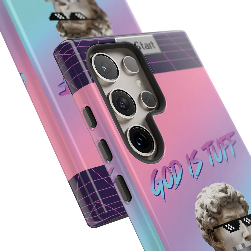 God is Tuff" Vaporwave Christian Phone Case | Aesthetic Statue with Pixel Shades, Retro 80s 90s Synthwave Grid, Gen Z Faith Gift