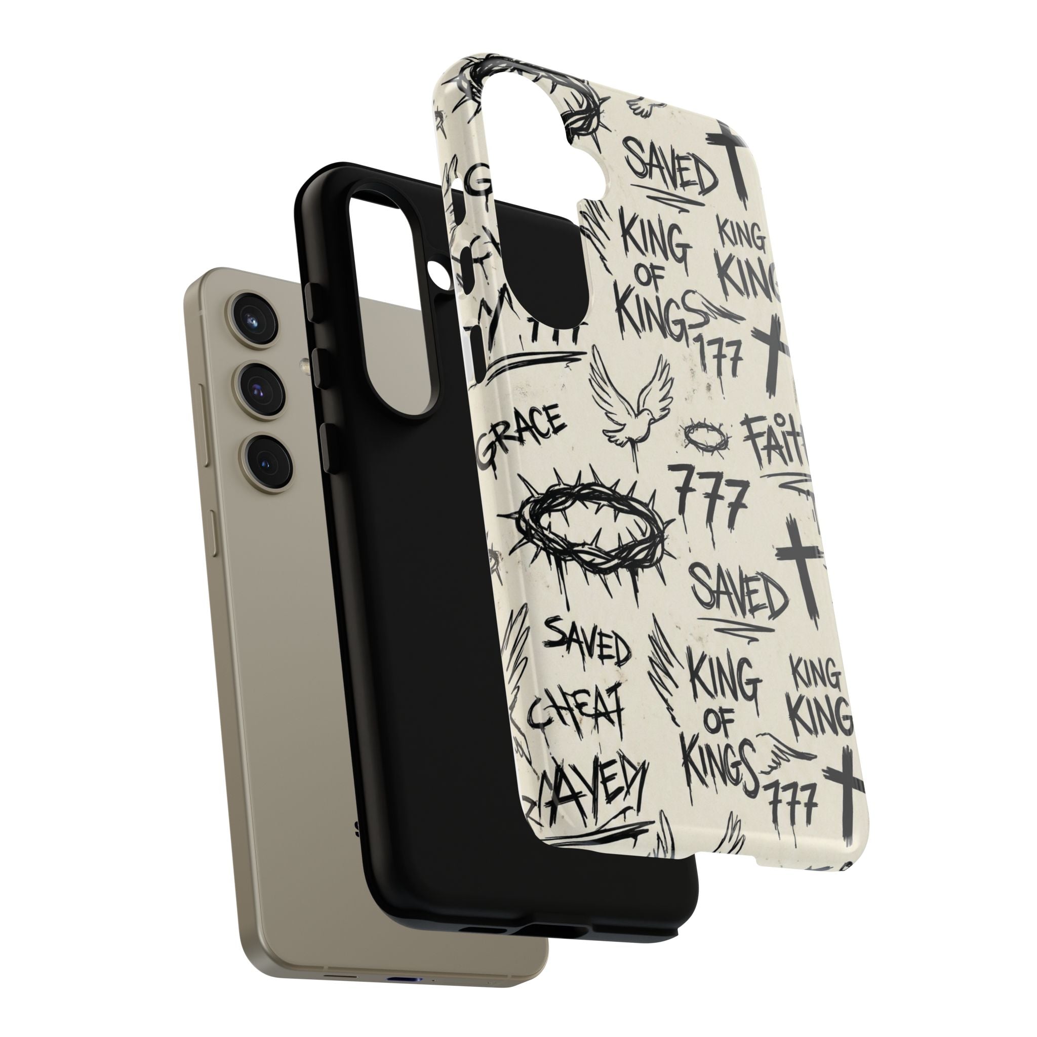 Christian Graffiti Phone Case | "Saved" & "King of Kings" Doodle Art, Urban Streetwear Faith Cover, Modern Religious Sketch Design