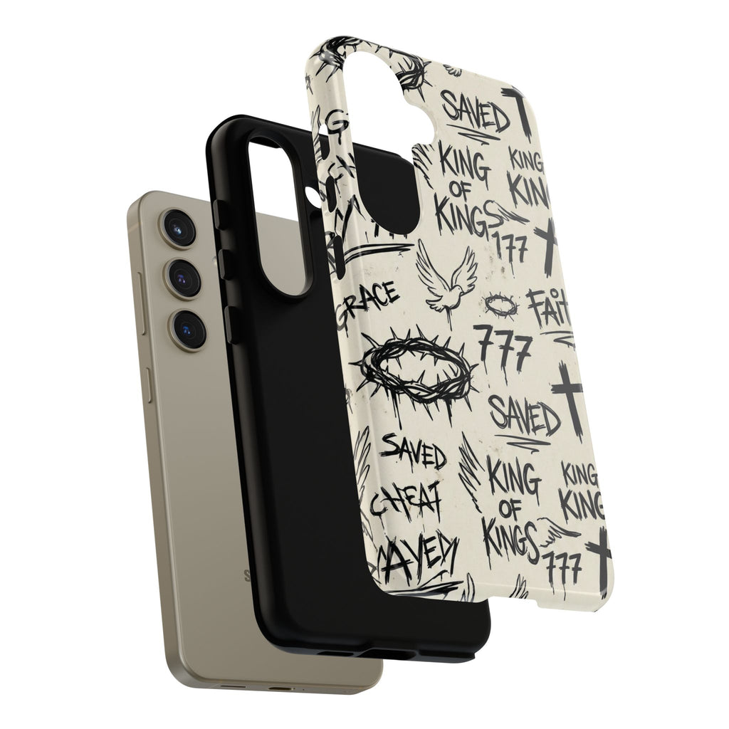 Christian Graffiti Phone Case | "Saved" & "King of Kings" Doodle Art, Urban Streetwear Faith Cover, Modern Religious Sketch Design