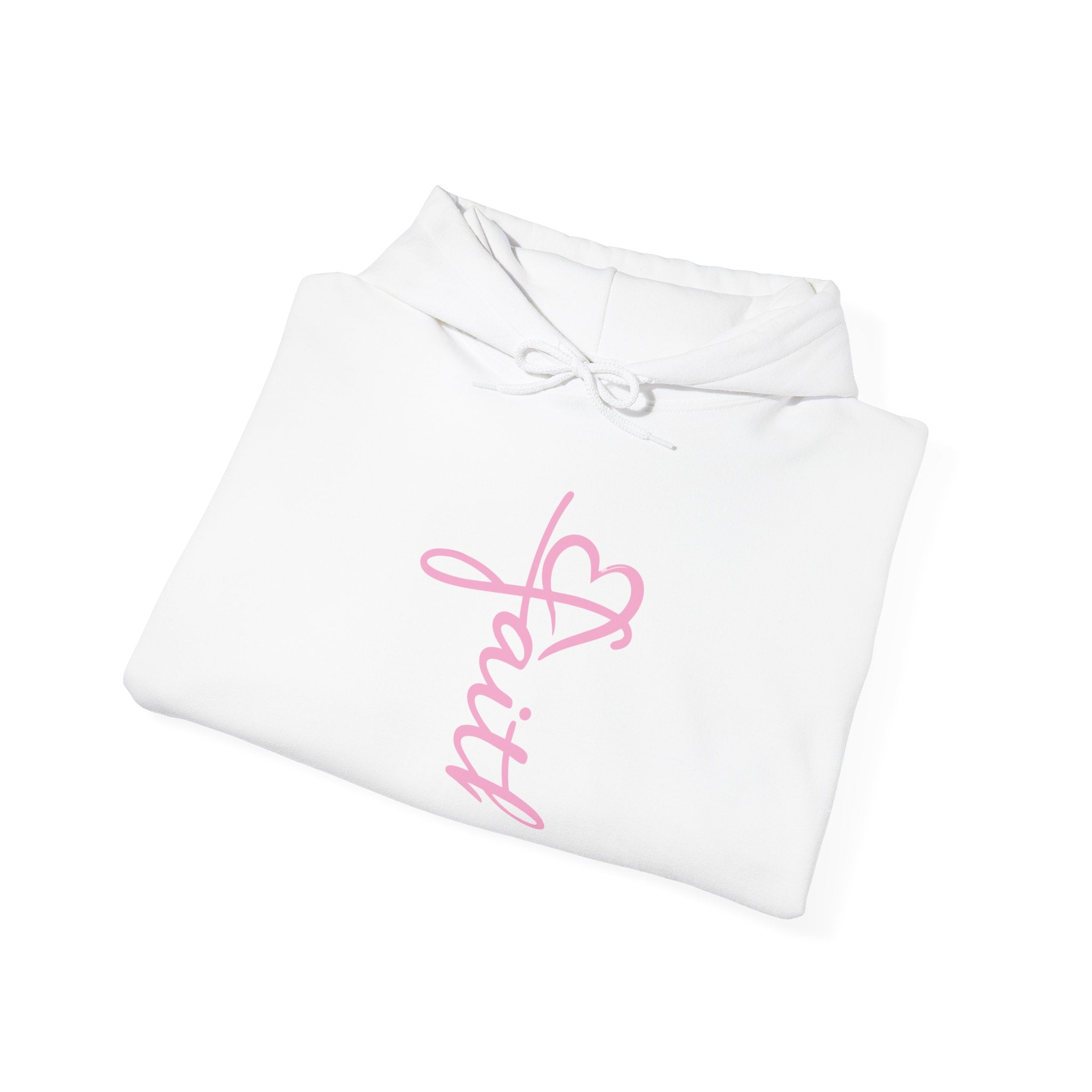 Faith script with heart Hoodie | White vertical faith design