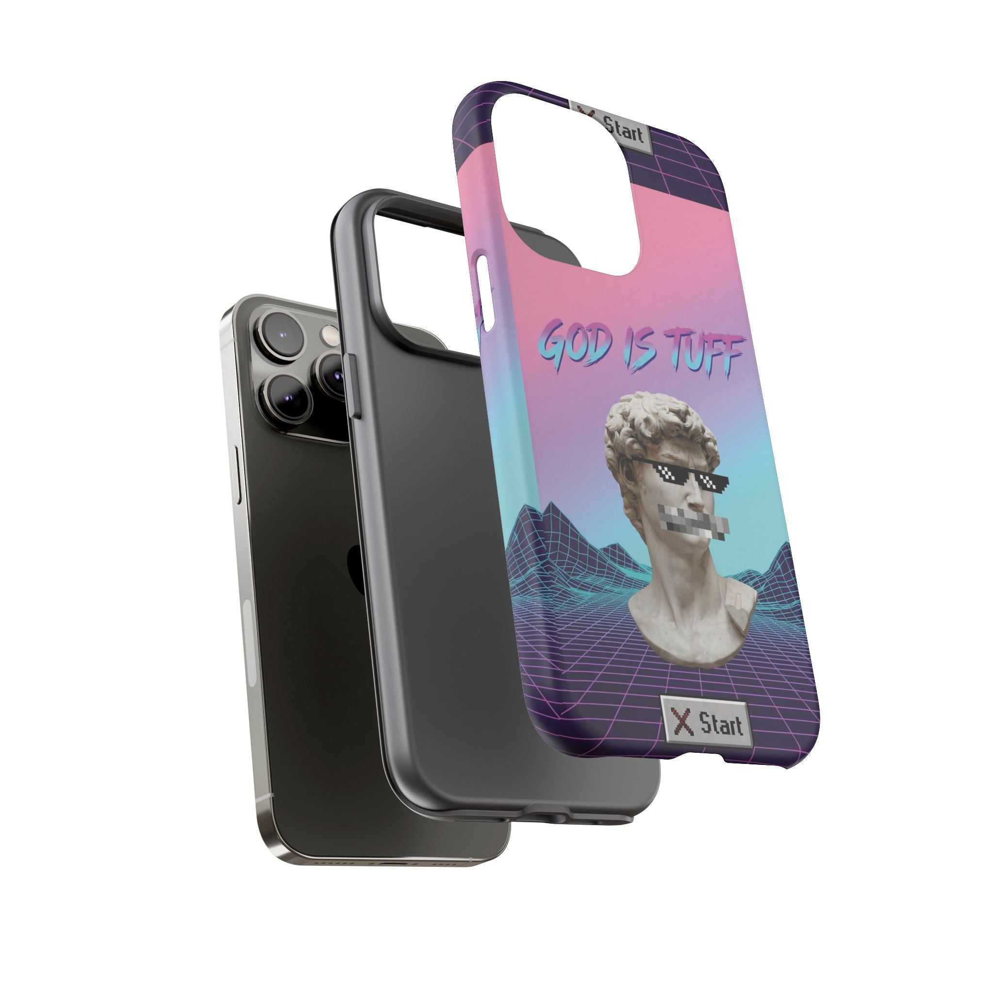 God is Tuff" Vaporwave Christian Phone Case | Aesthetic Statue with Pixel Shades, Retro 80s 90s Synthwave Grid, Gen Z Faith Gift