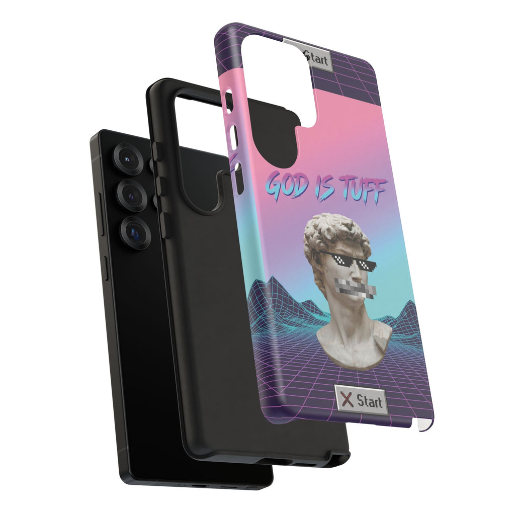 God is Tuff" Vaporwave Christian Phone Case | Aesthetic Statue with Pixel Shades, Retro 80s 90s Synthwave Grid, Gen Z Faith Gift