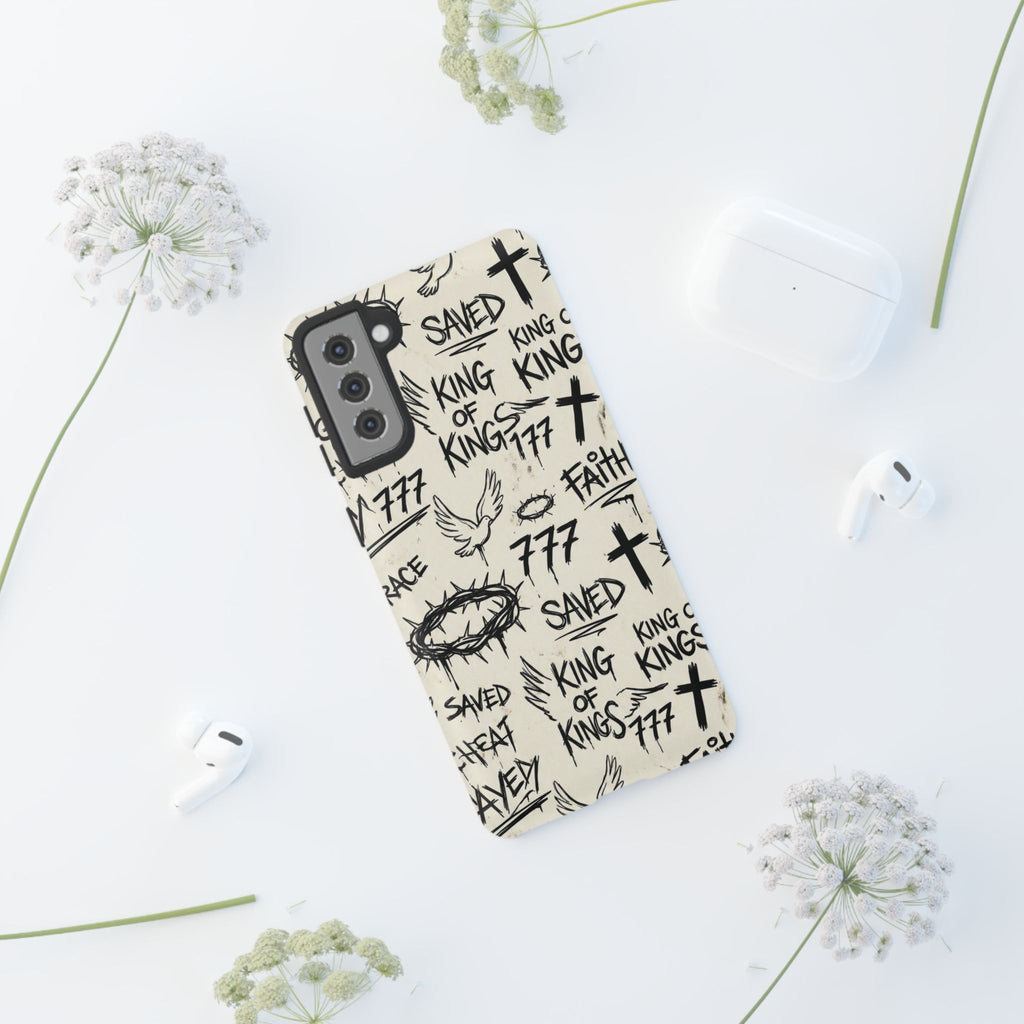 Christian Graffiti Phone Case | "Saved" & "King of Kings" Doodle Art, Urban Streetwear Faith Cover, Modern Religious Sketch Design