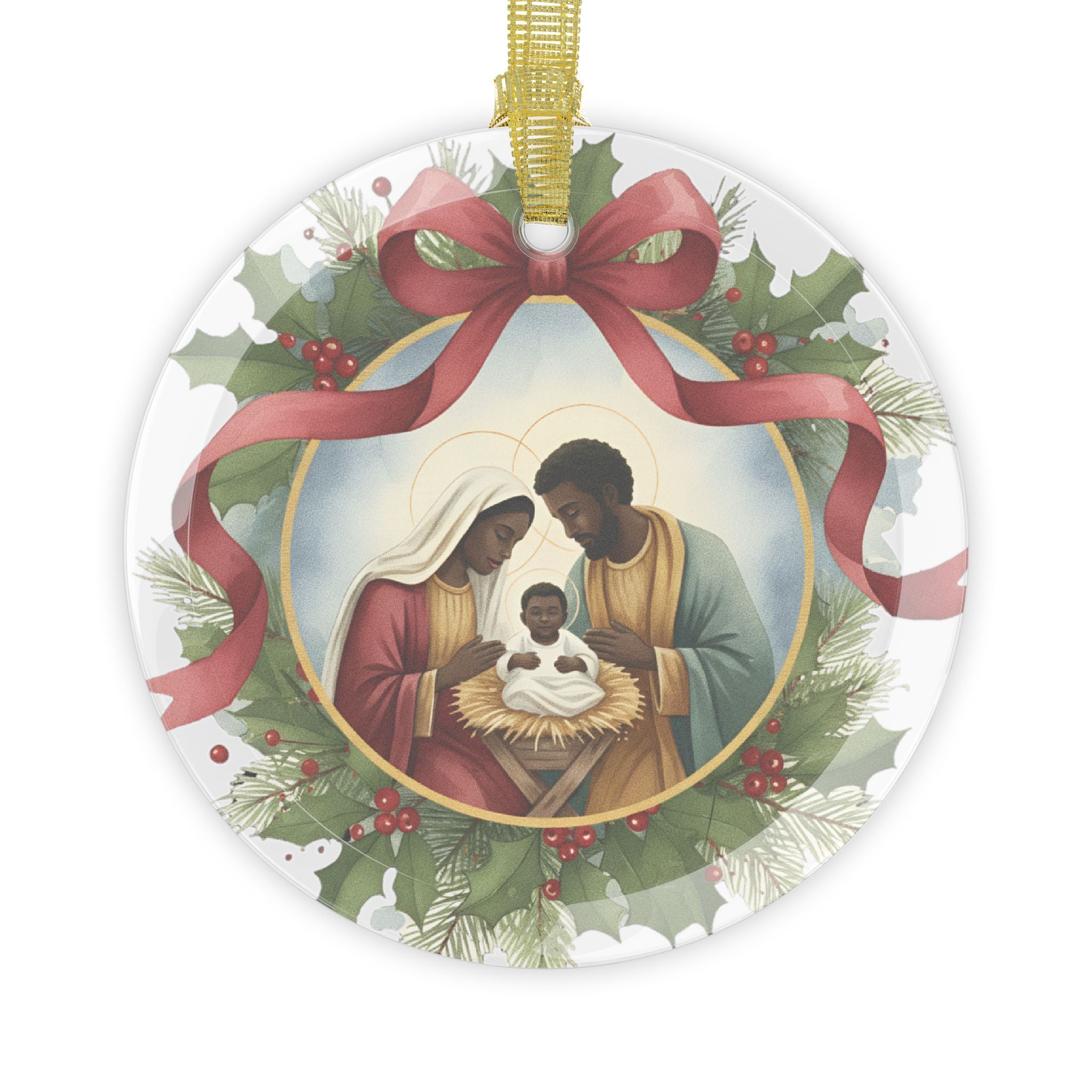 African American Nativity Glass Ornament Holy Family Christmas Decor One-Sided Print Beveled Glass Keepsake Religious Gift