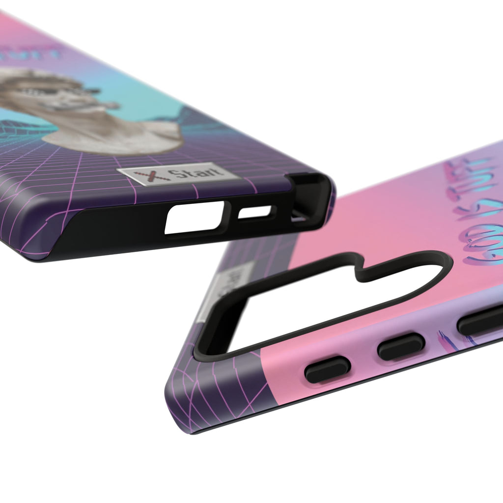 God is Tuff" Vaporwave Christian Phone Case | Aesthetic Statue with Pixel Shades, Retro 80s 90s Synthwave Grid, Gen Z Faith Gift