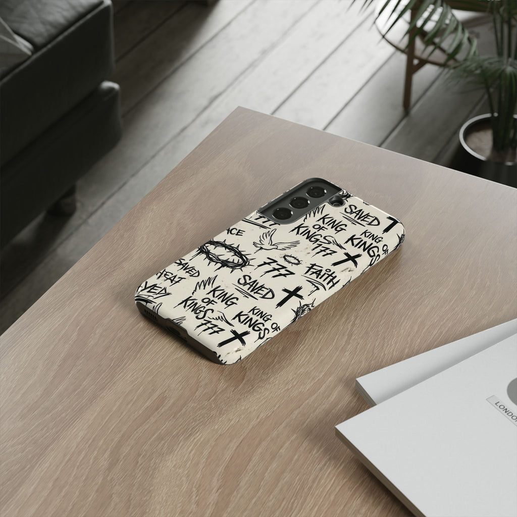 Christian Graffiti Phone Case | "Saved" & "King of Kings" Doodle Art, Urban Streetwear Faith Cover, Modern Religious Sketch Design