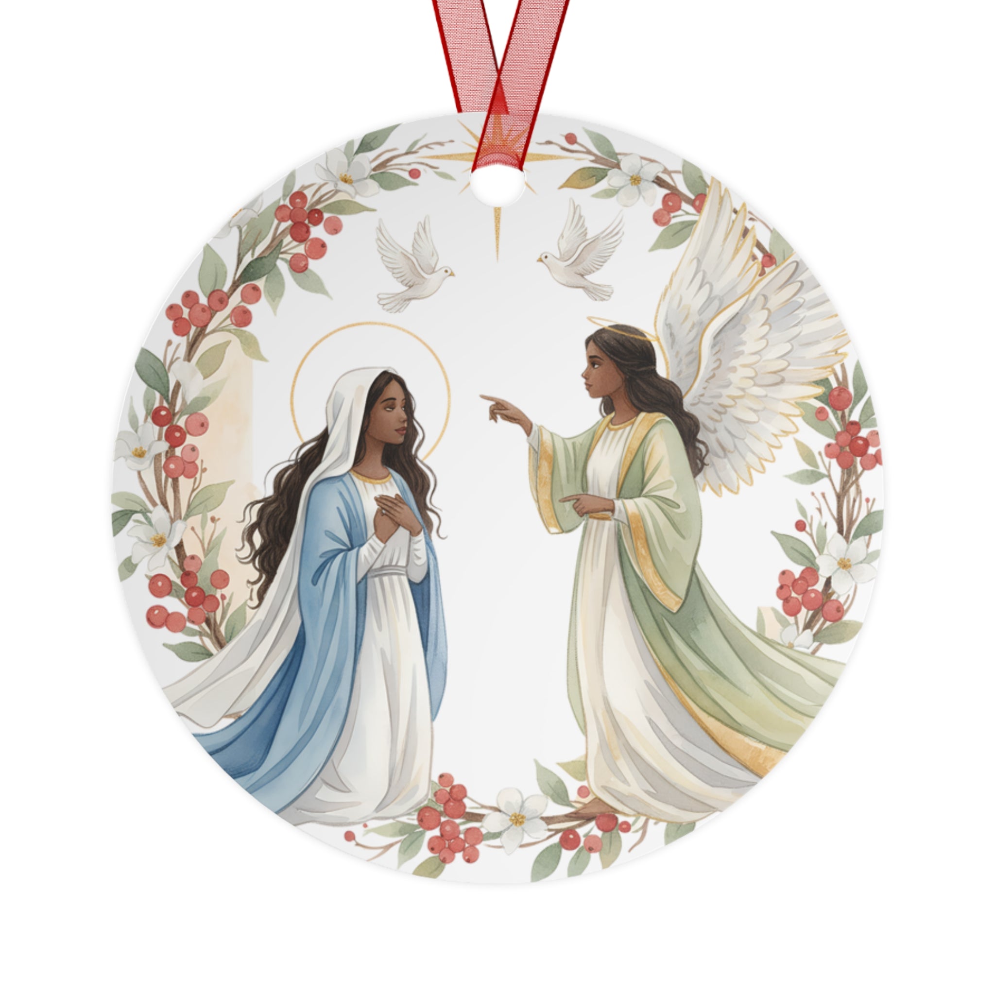 Annunciation Metal Ornament Round · Mary and Angel Watercolor · Christian Christmas Decor · Catholic Gift · Holy Scene Double Sided