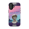 God is Tuff" Vaporwave Christian Phone Case | Aesthetic Statue with Pixel Shades, Retro 80s 90s Synthwave Grid, Gen Z Faith Gift