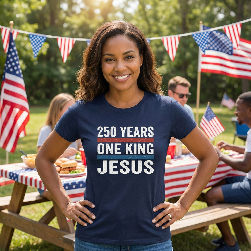 America 250 One King Jesus Shirt, 250 Years Christian T Shirt, Patriotic Faith Tee, Fourth of July Church Shirt, 1776 2026 Gift