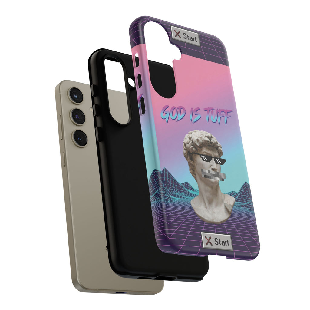God is Tuff" Vaporwave Christian Phone Case | Aesthetic Statue with Pixel Shades, Retro 80s 90s Synthwave Grid, Gen Z Faith Gift