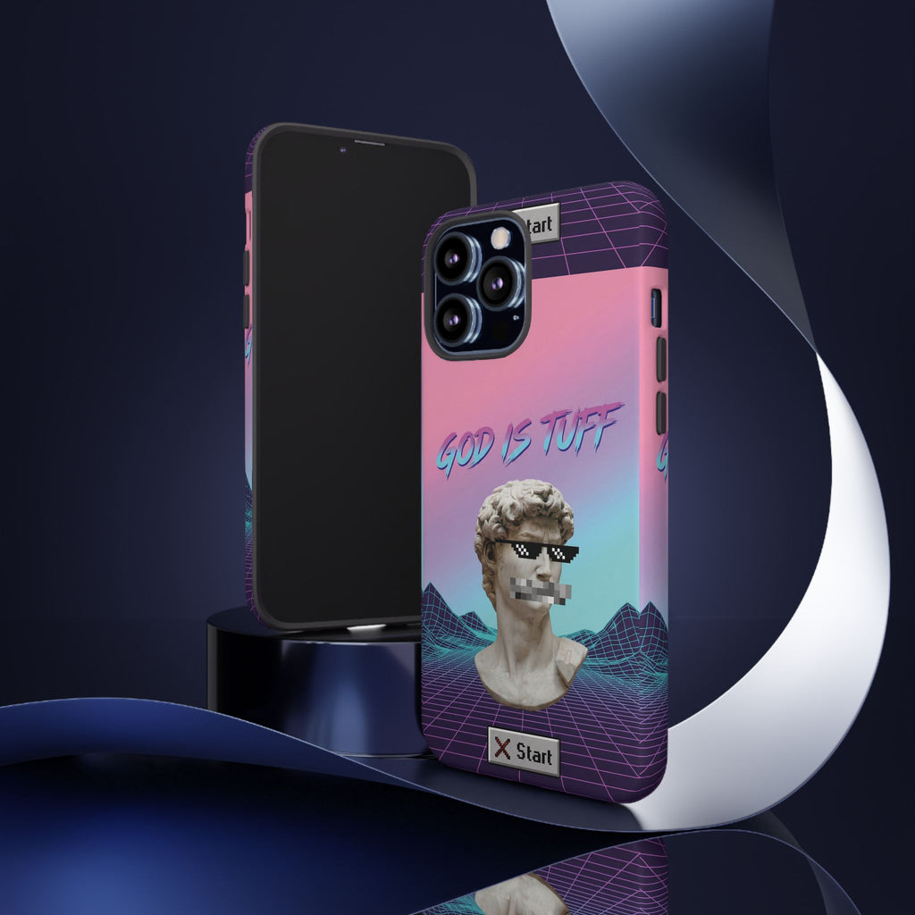 God is Tuff" Vaporwave Christian Phone Case | Aesthetic Statue with Pixel Shades, Retro 80s 90s Synthwave Grid, Gen Z Faith Gift