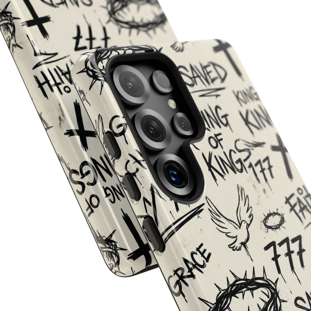 Christian Graffiti Phone Case | "Saved" & "King of Kings" Doodle Art, Urban Streetwear Faith Cover, Modern Religious Sketch Design
