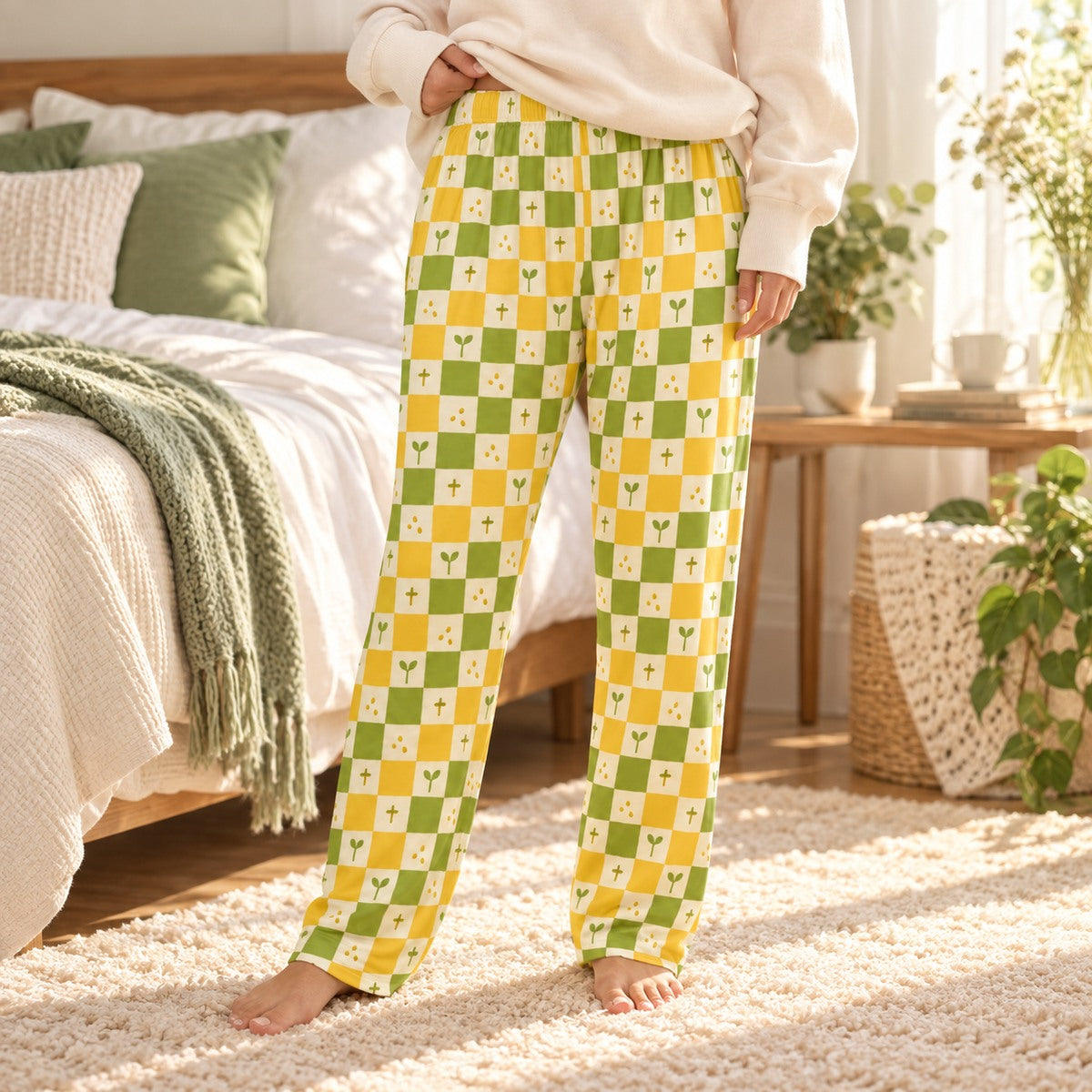 Lifestyle photo: Mustard Seed Checker faith-based all-over-print pajama pants in a cozy bedroom setting.