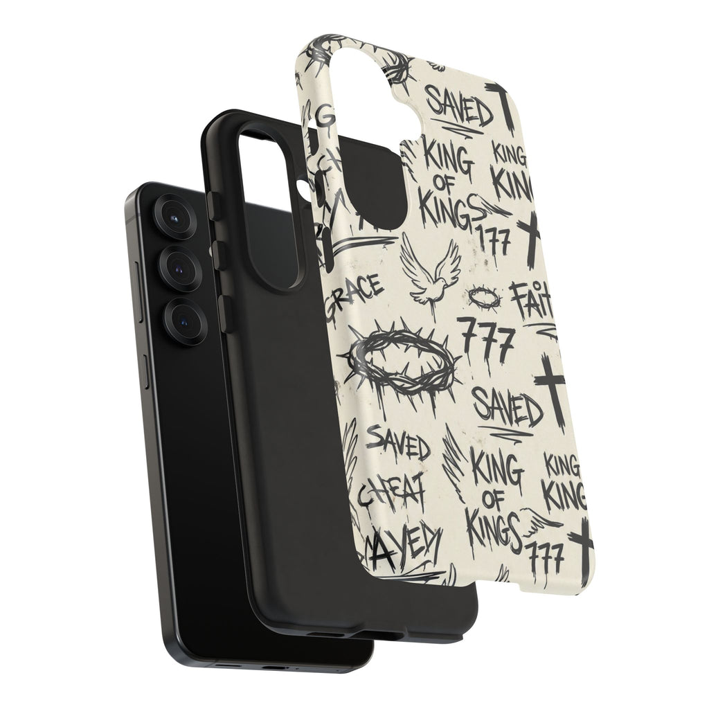 Christian Graffiti Phone Case | "Saved" & "King of Kings" Doodle Art, Urban Streetwear Faith Cover, Modern Religious Sketch Design