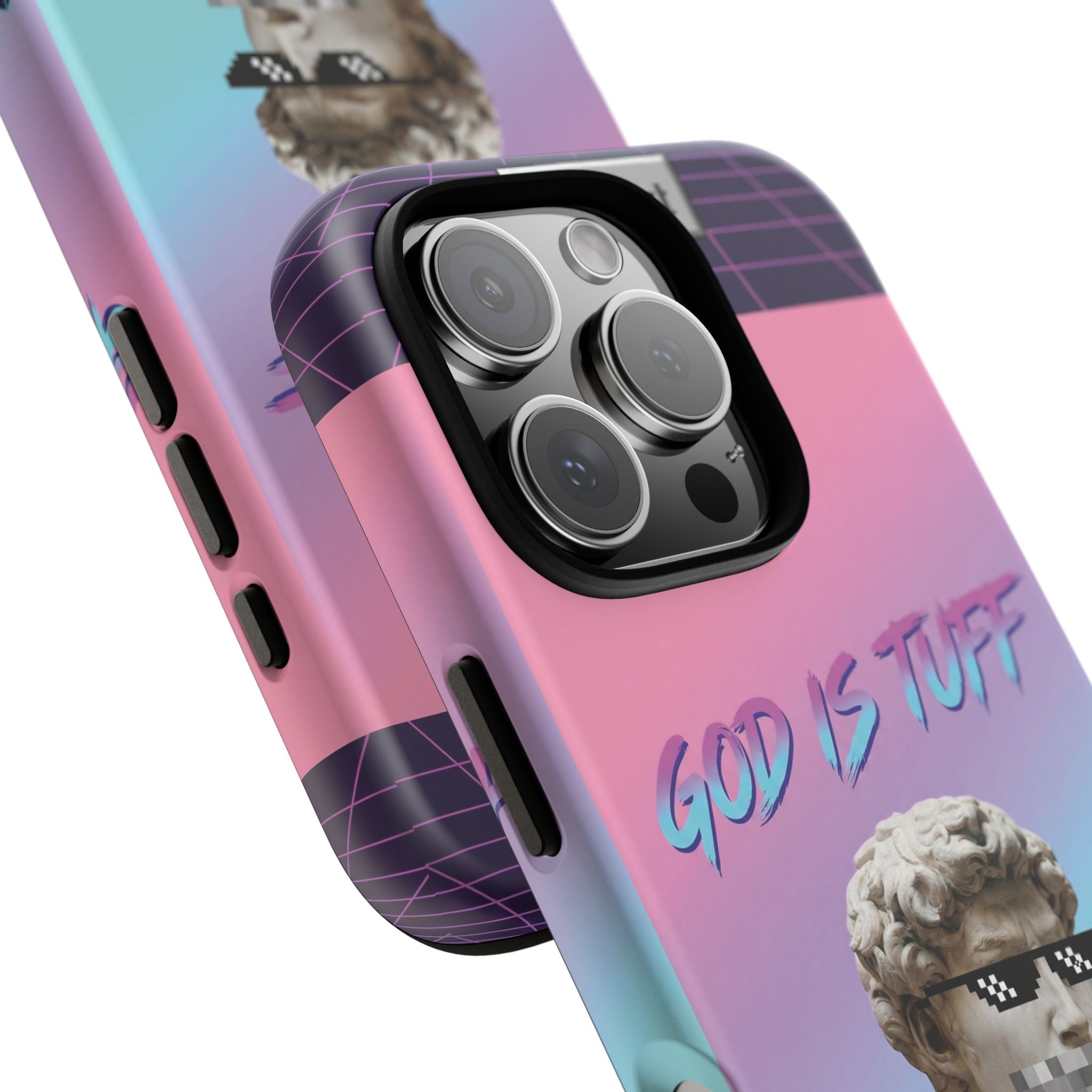God is Tuff" Vaporwave Christian Phone Case | Aesthetic Statue with Pixel Shades, Retro 80s 90s Synthwave Grid, Gen Z Faith Gift