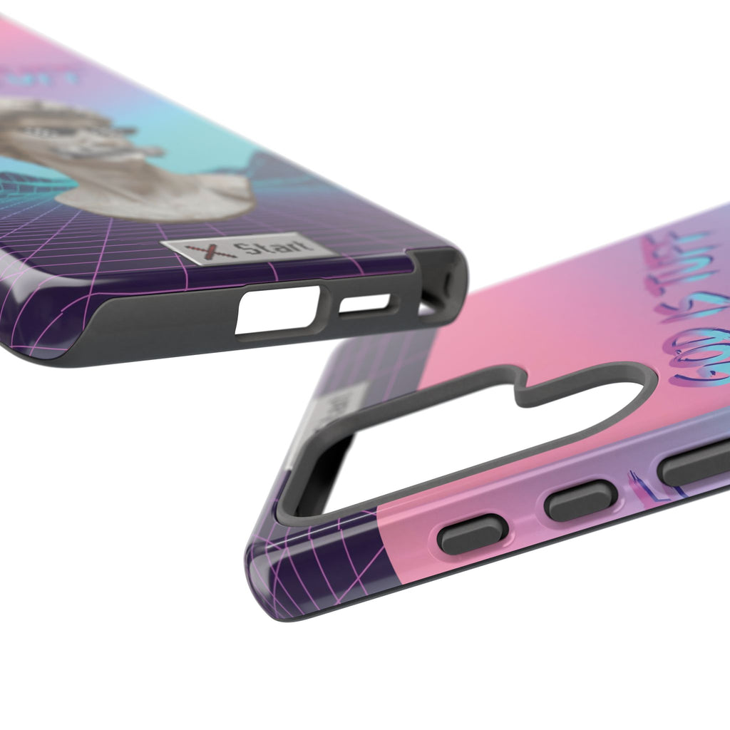God is Tuff" Vaporwave Christian Phone Case | Aesthetic Statue with Pixel Shades, Retro 80s 90s Synthwave Grid, Gen Z Faith Gift