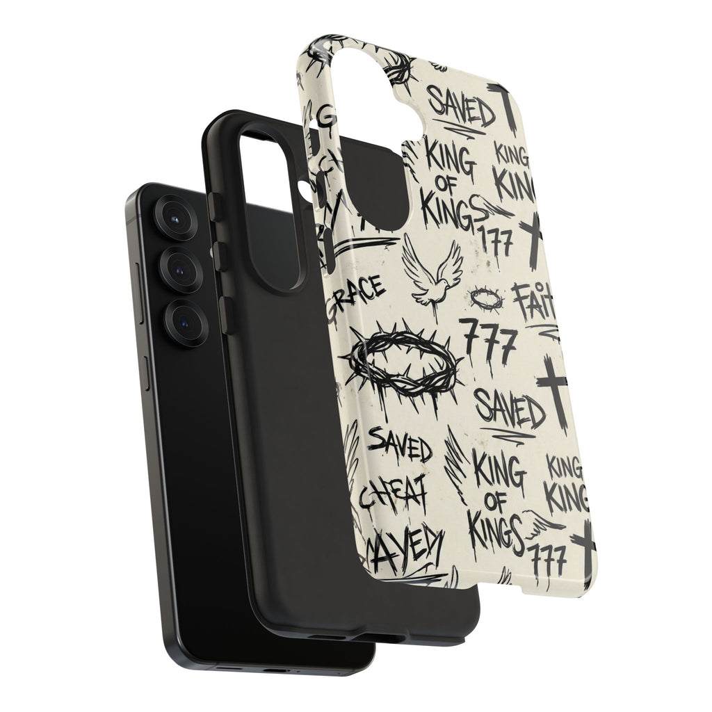 Christian Graffiti Phone Case | "Saved" & "King of Kings" Doodle Art, Urban Streetwear Faith Cover, Modern Religious Sketch Design