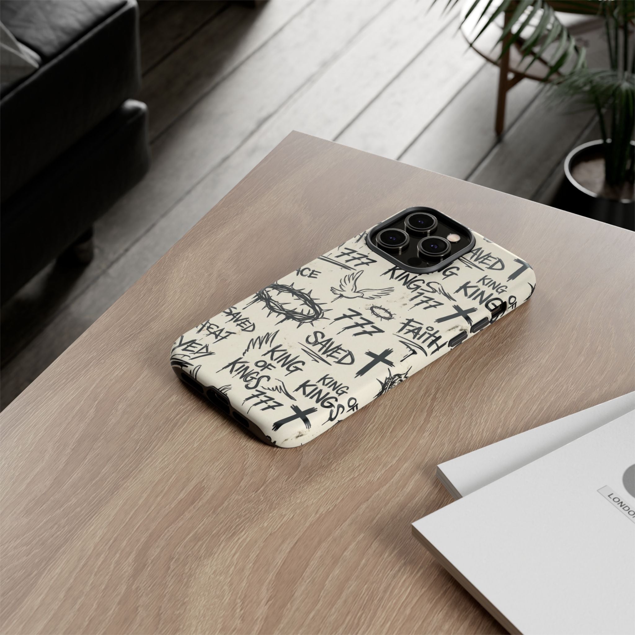 Christian Graffiti Phone Case | "Saved" & "King of Kings" Doodle Art, Urban Streetwear Faith Cover, Modern Religious Sketch Design