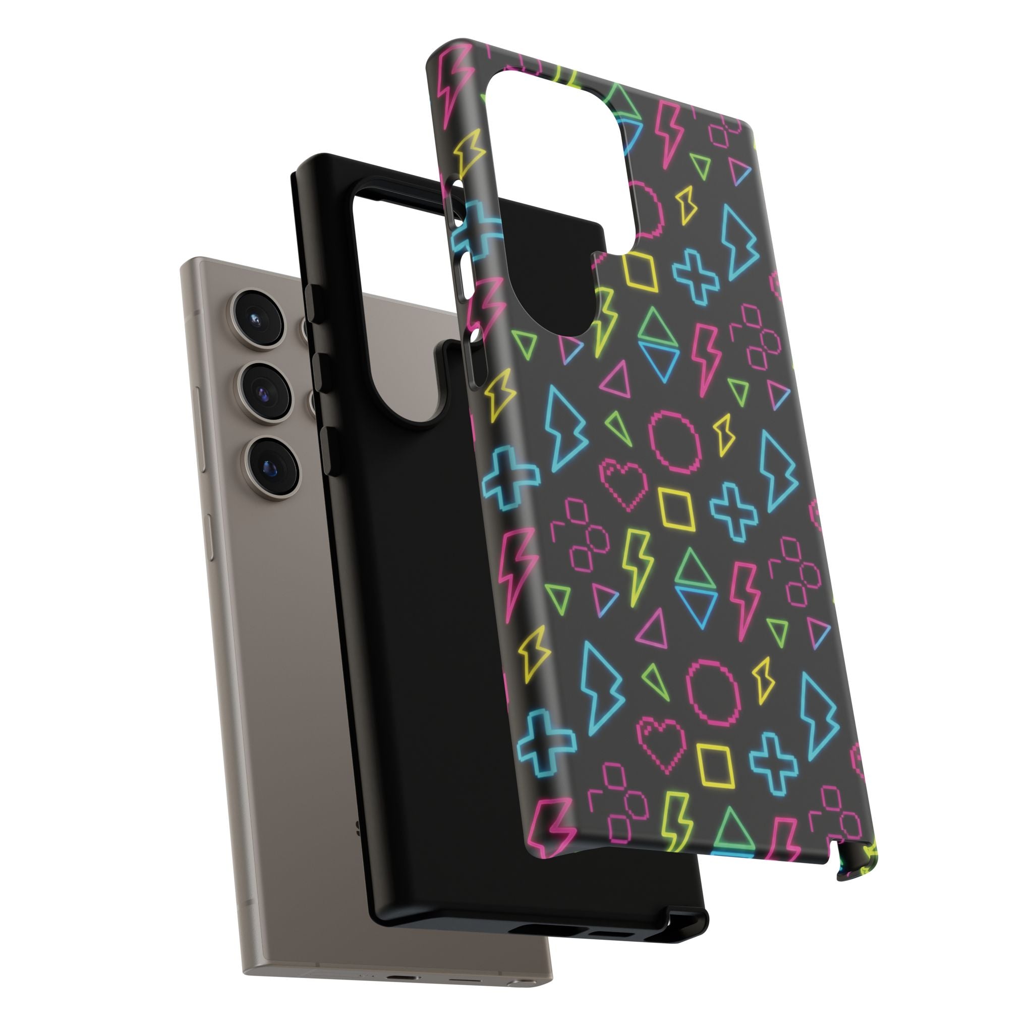 Electric Savior" Retro 90s Christian Phone Case | Neon Synthwave Pixel Art, Lightning Cross & Geometric Design, Bold Faith Gift