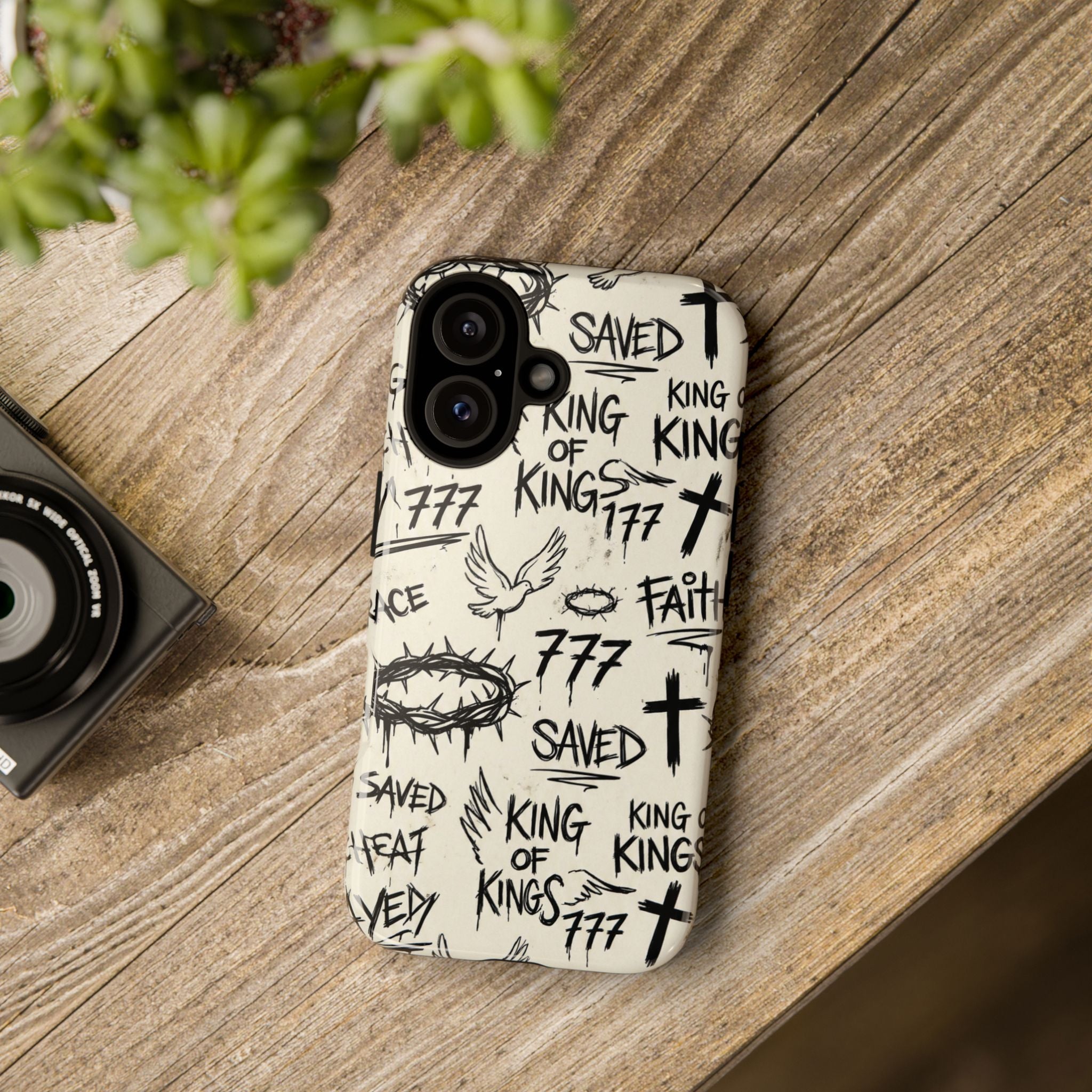 Christian Graffiti Phone Case | "Saved" & "King of Kings" Doodle Art, Urban Streetwear Faith Cover, Modern Religious Sketch Design