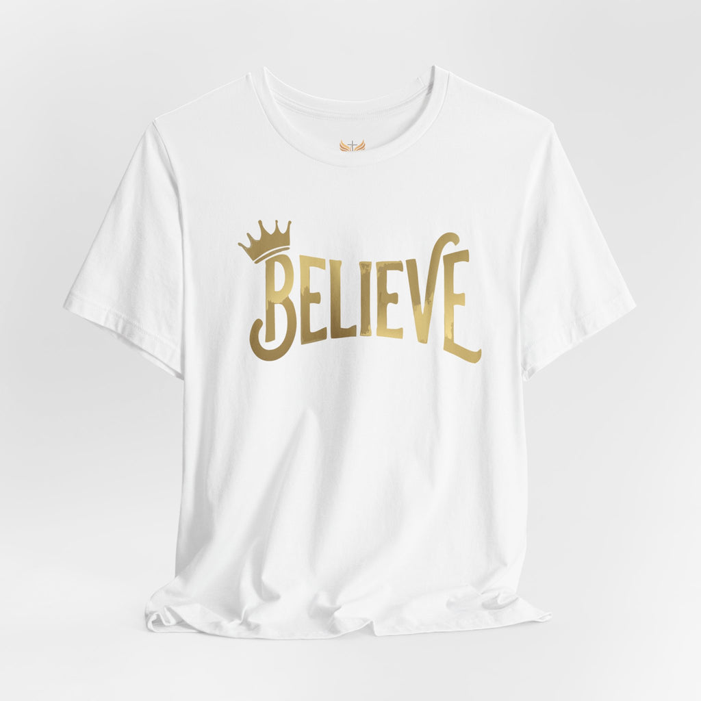 Believe Crown Christian Shirt with hand lettered BELIEVE and a small crown. A soft unisex jersey tee that keeps faith simple, modern, and wearable. Perfect as an encouragement gift or an everyday reminder to keep trusting God.