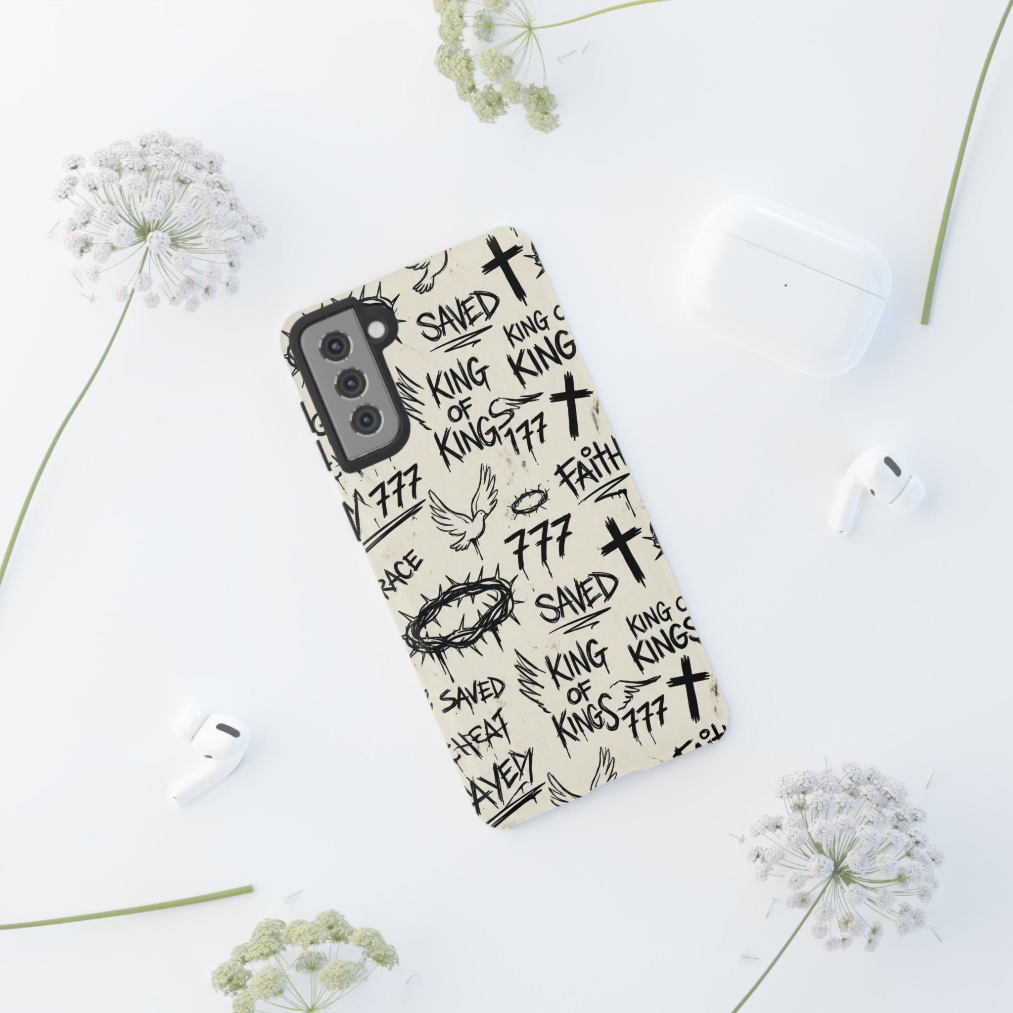Christian Graffiti Phone Case | "Saved" & "King of Kings" Doodle Art, Urban Streetwear Faith Cover, Modern Religious Sketch Design