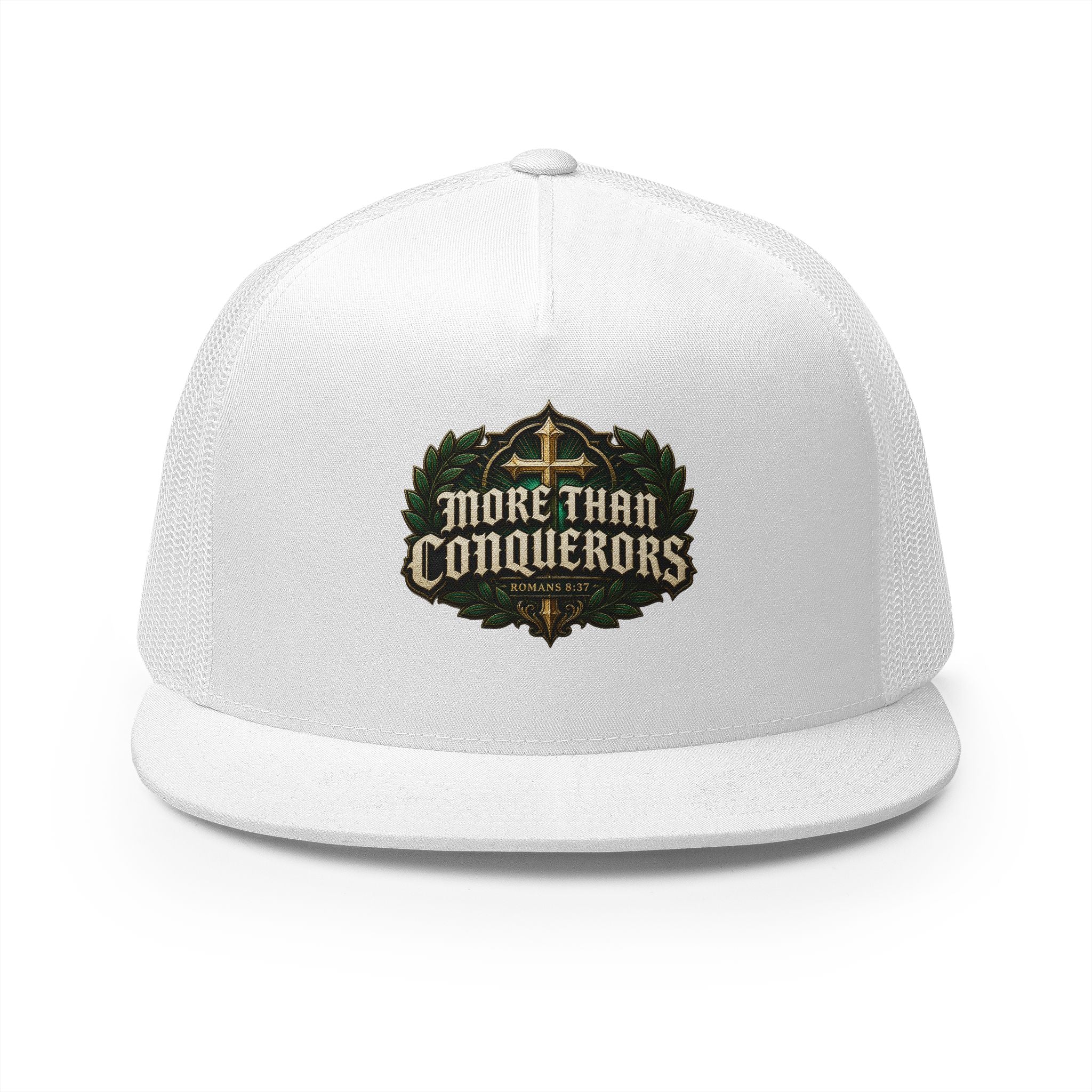 MORE THAN CONQUERORS Printed Christian 5-Panel Trucker Cap