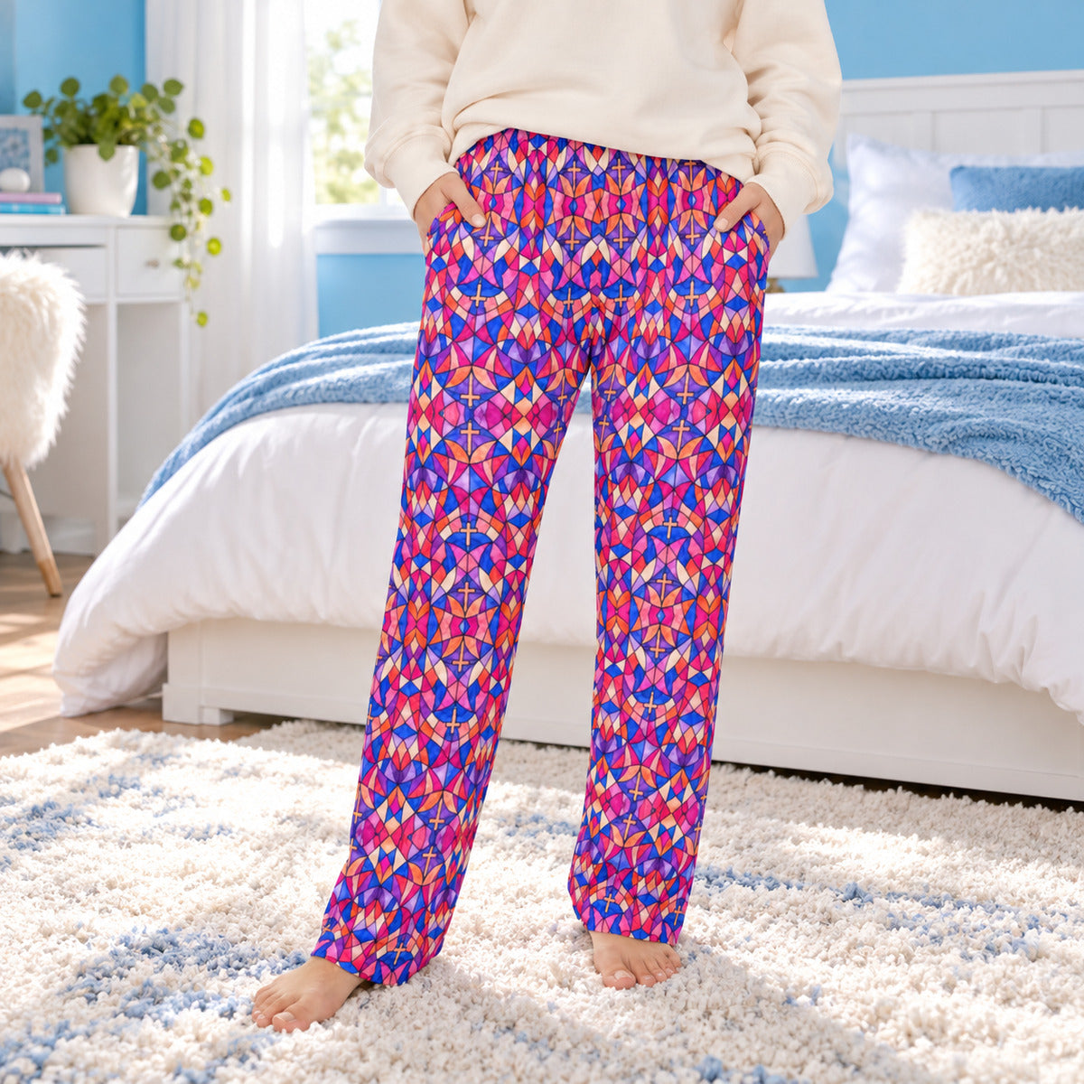 Lifestyle photo: Cathedral Glass Pop faith-based all-over-print pajama pants in a cozy bedroom setting.