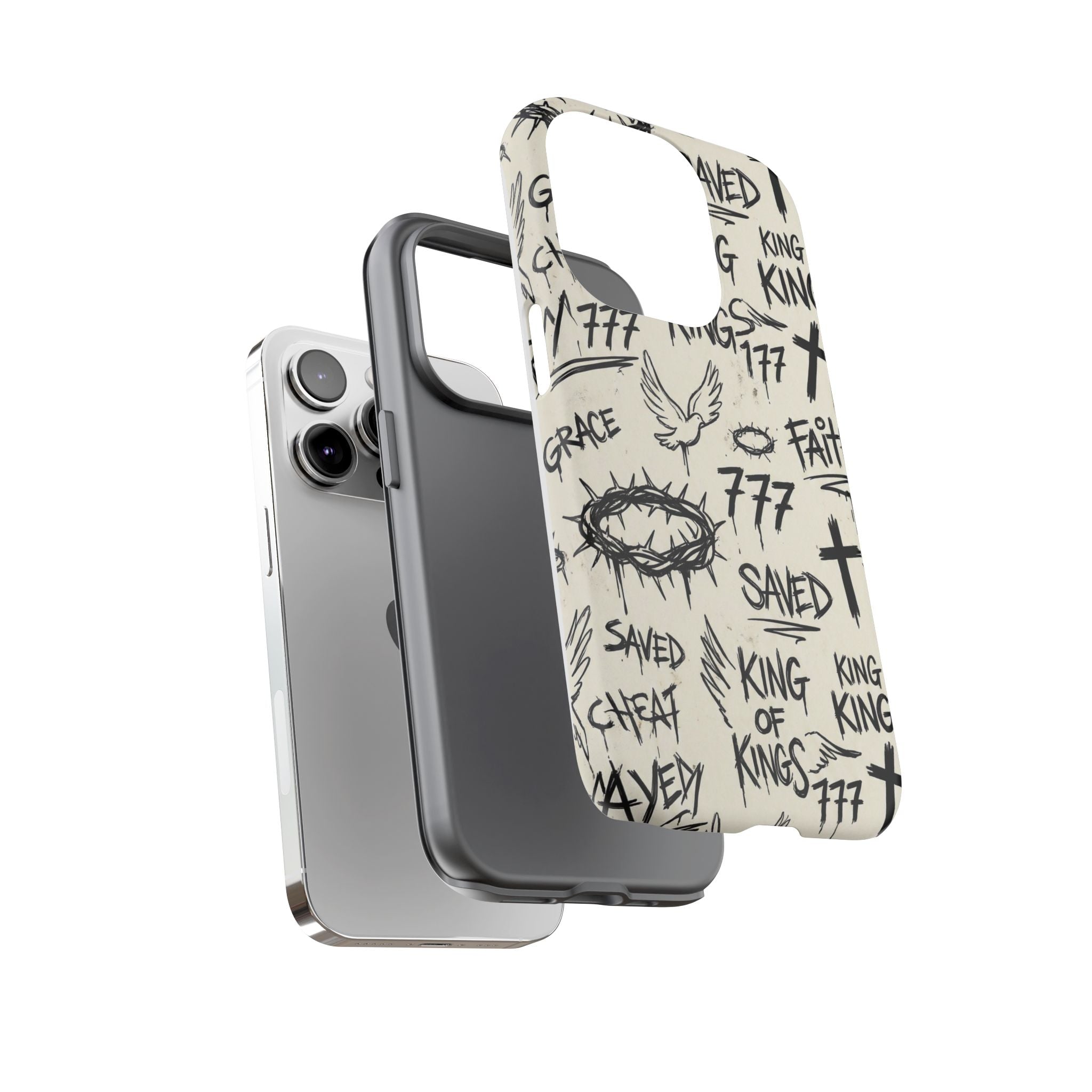 Christian Graffiti Phone Case | "Saved" & "King of Kings" Doodle Art, Urban Streetwear Faith Cover, Modern Religious Sketch Design