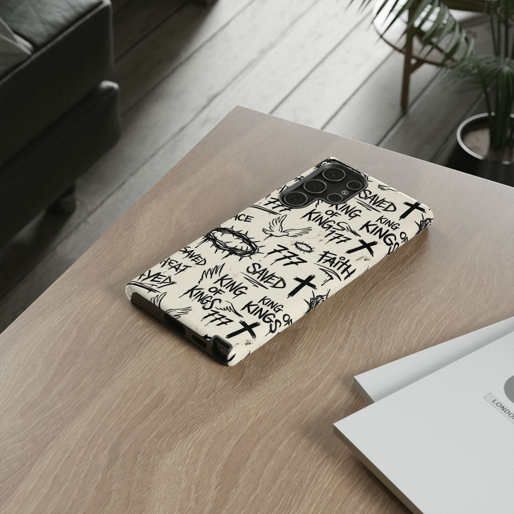 Christian Graffiti Phone Case | "Saved" & "King of Kings" Doodle Art, Urban Streetwear Faith Cover, Modern Religious Sketch Design