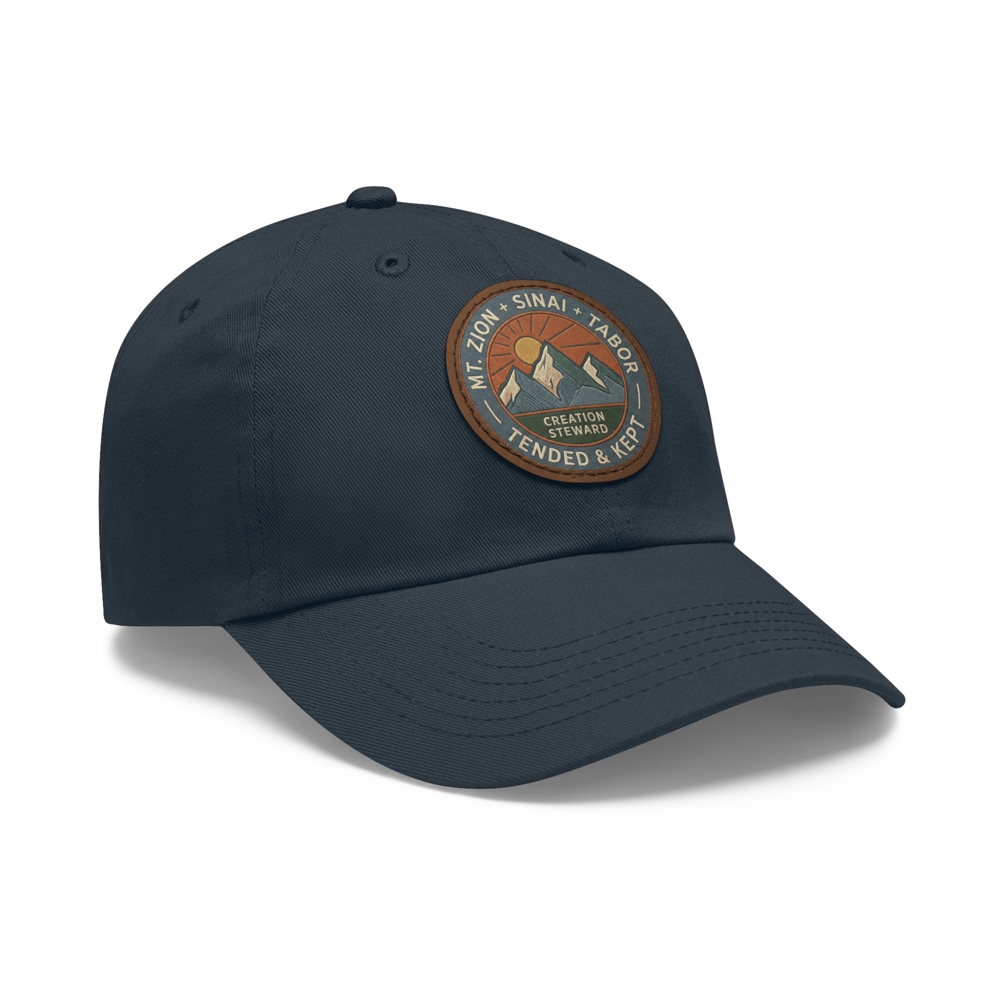 Leather Patch Dad Hat, Christian Mountain Cap, Genesis 2 15 Tended and Kept, Creation Care Outdoor Hat, Gift For Him