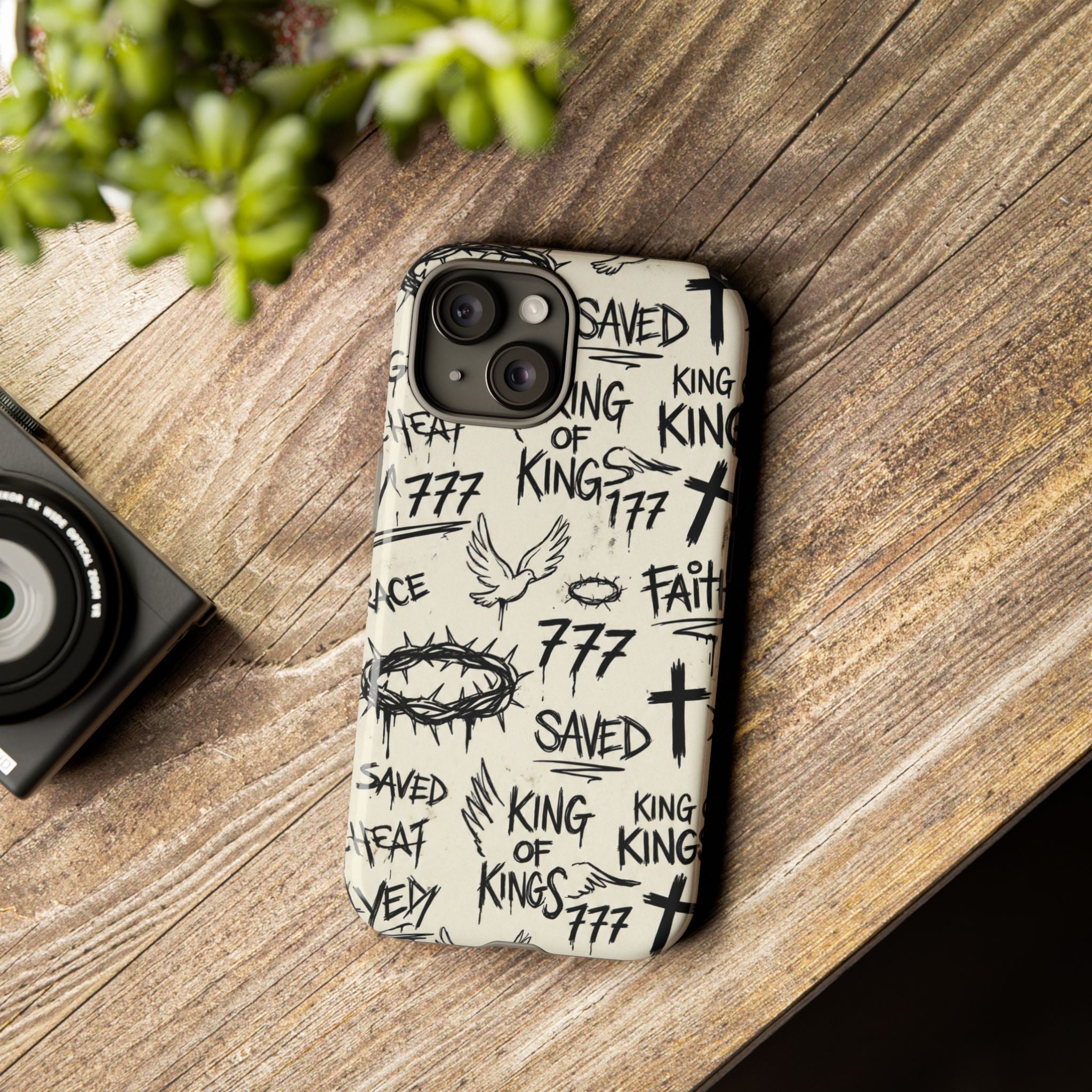 Christian Graffiti Phone Case | "Saved" & "King of Kings" Doodle Art, Urban Streetwear Faith Cover, Modern Religious Sketch Design