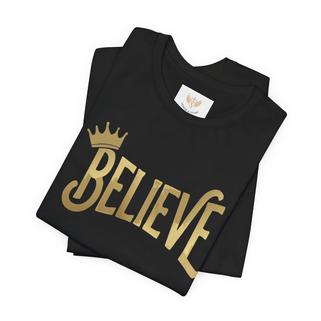 Believe Crown Christian Shirt with hand lettered BELIEVE and a small crown. A soft unisex jersey tee that keeps faith simple, modern, and wearable. Perfect as an encouragement gift or an everyday reminder to keep trusting God.