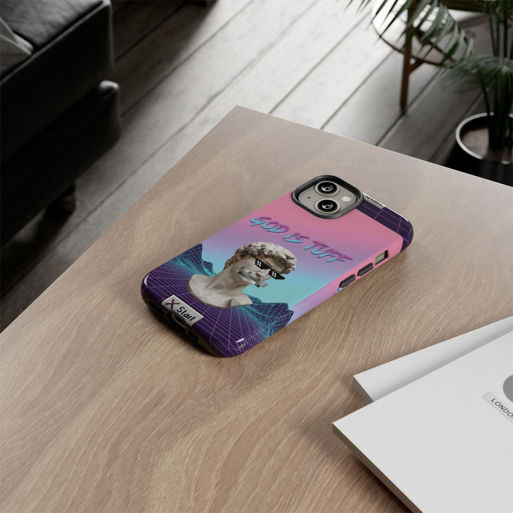 God is Tuff" Vaporwave Christian Phone Case | Aesthetic Statue with Pixel Shades, Retro 80s 90s Synthwave Grid, Gen Z Faith Gift