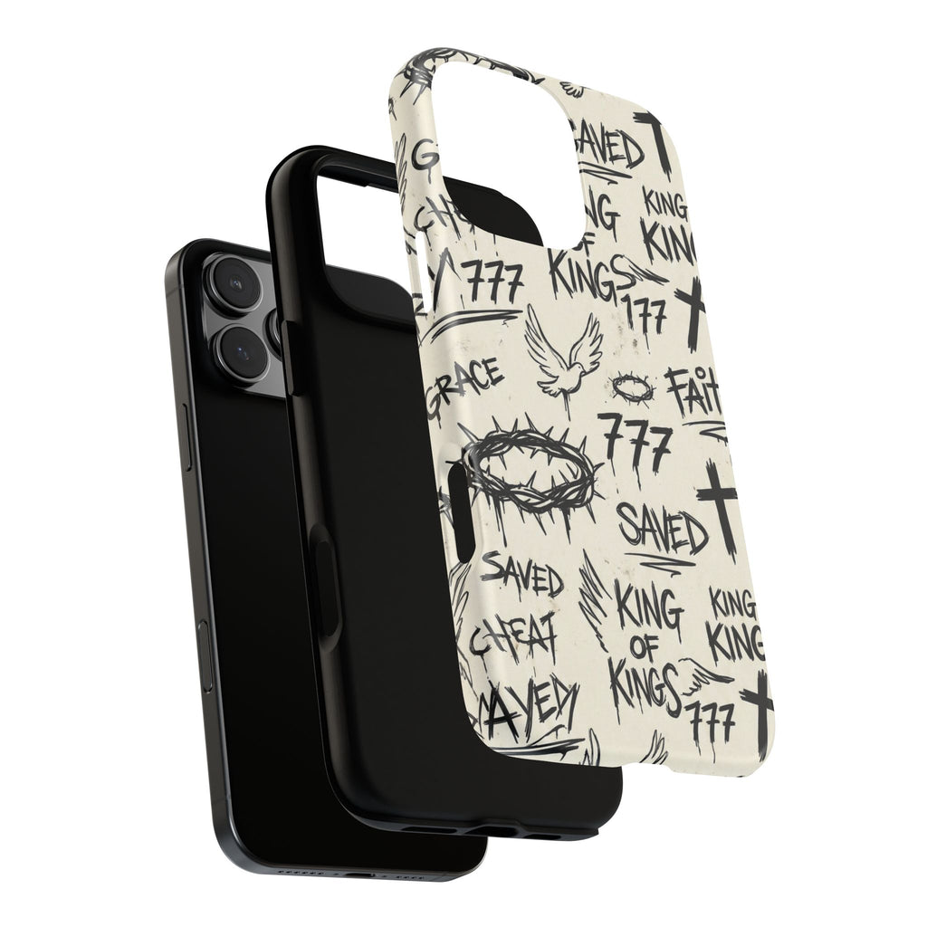 Christian Graffiti Phone Case | "Saved" & "King of Kings" Doodle Art, Urban Streetwear Faith Cover, Modern Religious Sketch Design