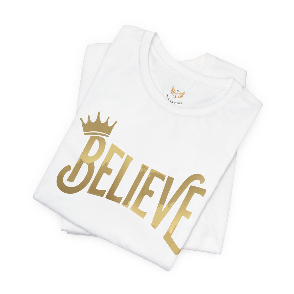 Believe Crown Christian Shirt with hand lettered BELIEVE and a small crown. A soft unisex jersey tee that keeps faith simple, modern, and wearable. Perfect as an encouragement gift or an everyday reminder to keep trusting God.