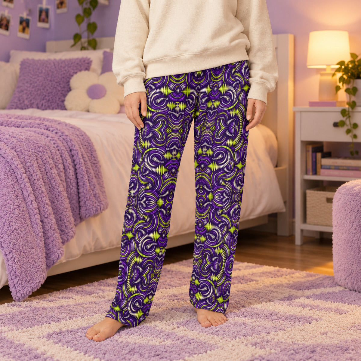 Lifestyle photo: Jericho Soundwave faith-based all-over-print pajama pants in a cozy bedroom setting.