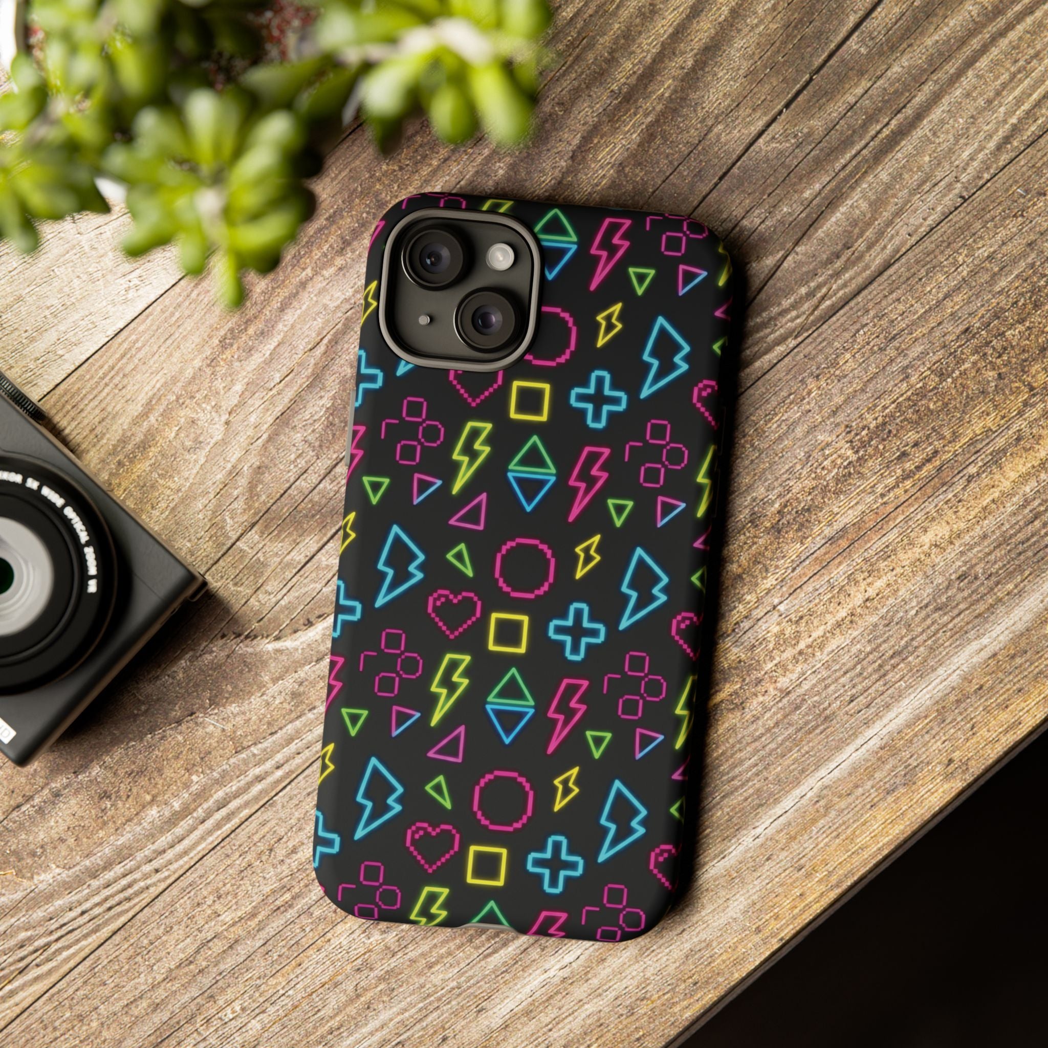 Electric Savior" Retro 90s Christian Phone Case | Neon Synthwave Pixel Art, Lightning Cross & Geometric Design, Bold Faith Gift