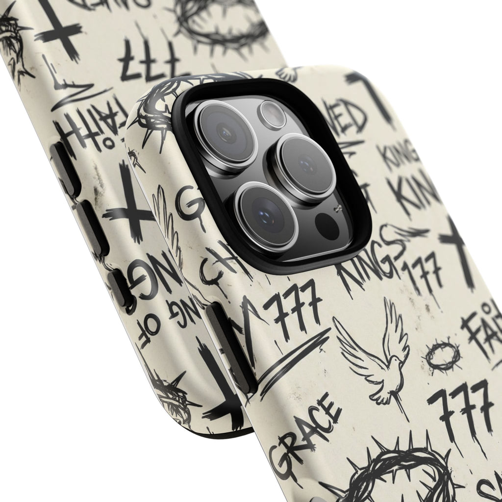 Christian Graffiti Phone Case | "Saved" & "King of Kings" Doodle Art, Urban Streetwear Faith Cover, Modern Religious Sketch Design