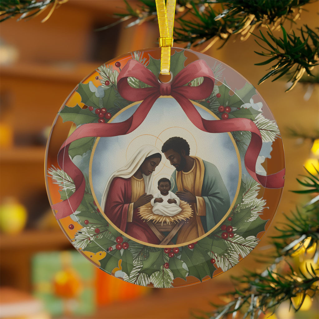 African American Nativity Glass Ornament Holy Family Christmas Decor One-Sided Print Beveled Glass Keepsake Religious Gift