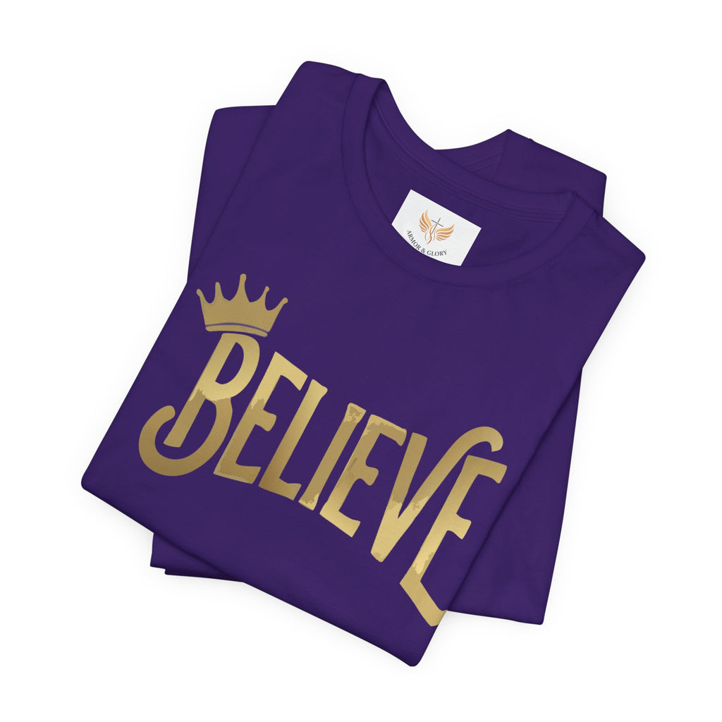 Believe Crown Christian Shirt with hand lettered BELIEVE and a small crown. A soft unisex jersey tee that keeps faith simple, modern, and wearable. Perfect as an encouragement gift or an everyday reminder to keep trusting God.