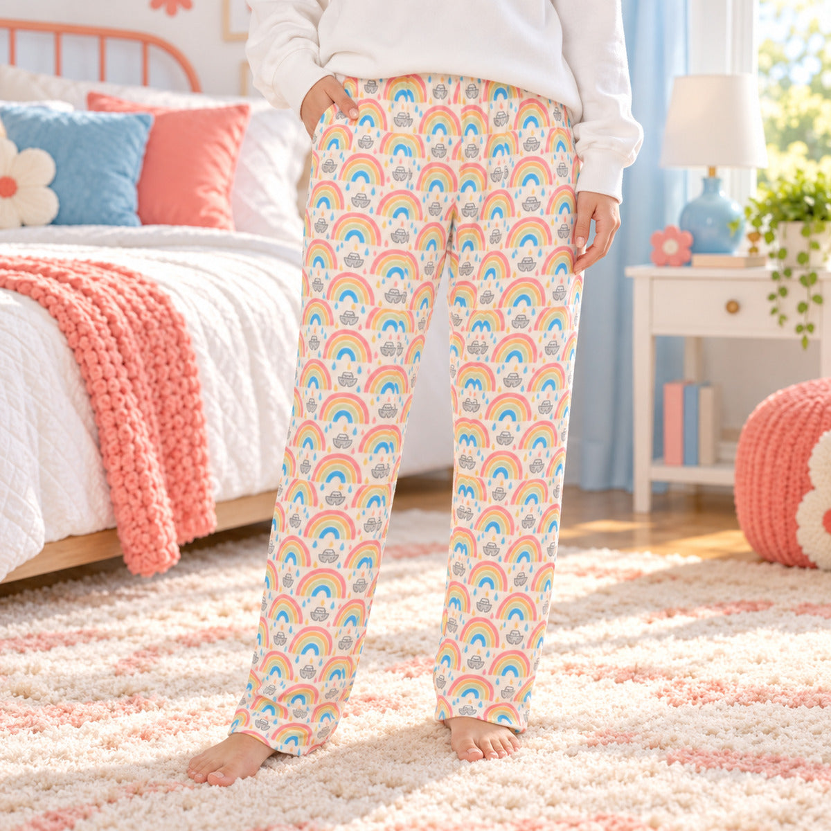 Lifestyle photo: Noah's Promise Arches faith-based all-over-print pajama pants in a cozy bedroom setting.