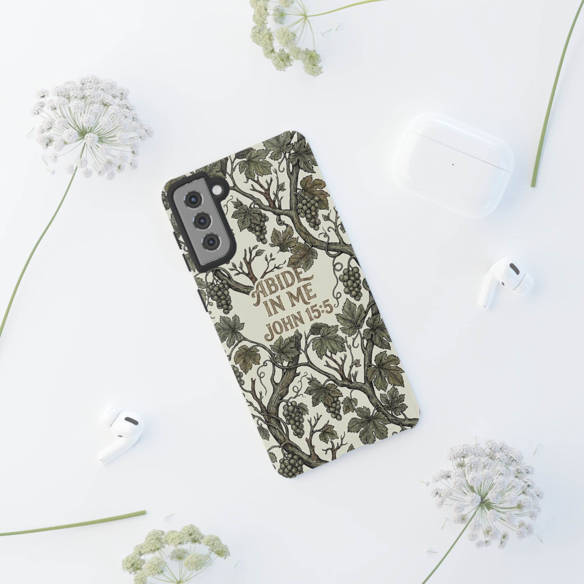 True Vine" Christian Phone Case | John 15 Scripture Art, Earthy Green Botanical Pattern, Nature Faith Gift, Bible Verse Cover