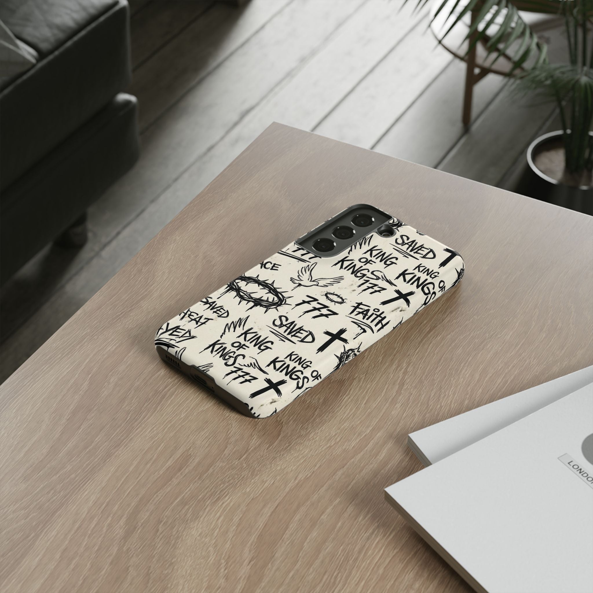 Christian Graffiti Phone Case | "Saved" & "King of Kings" Doodle Art, Urban Streetwear Faith Cover, Modern Religious Sketch Design