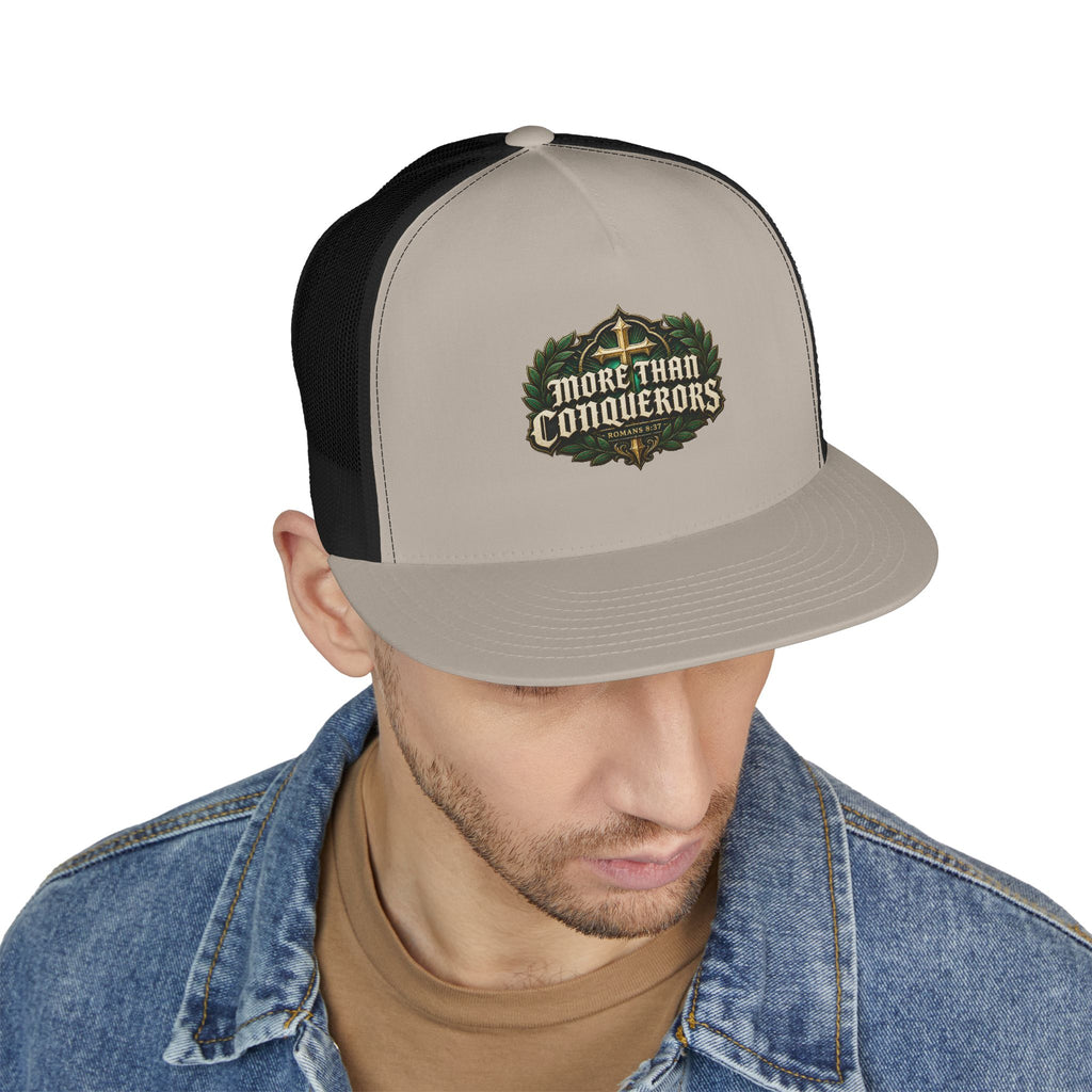 MORE THAN CONQUERORS Printed Christian 5-Panel Trucker Cap